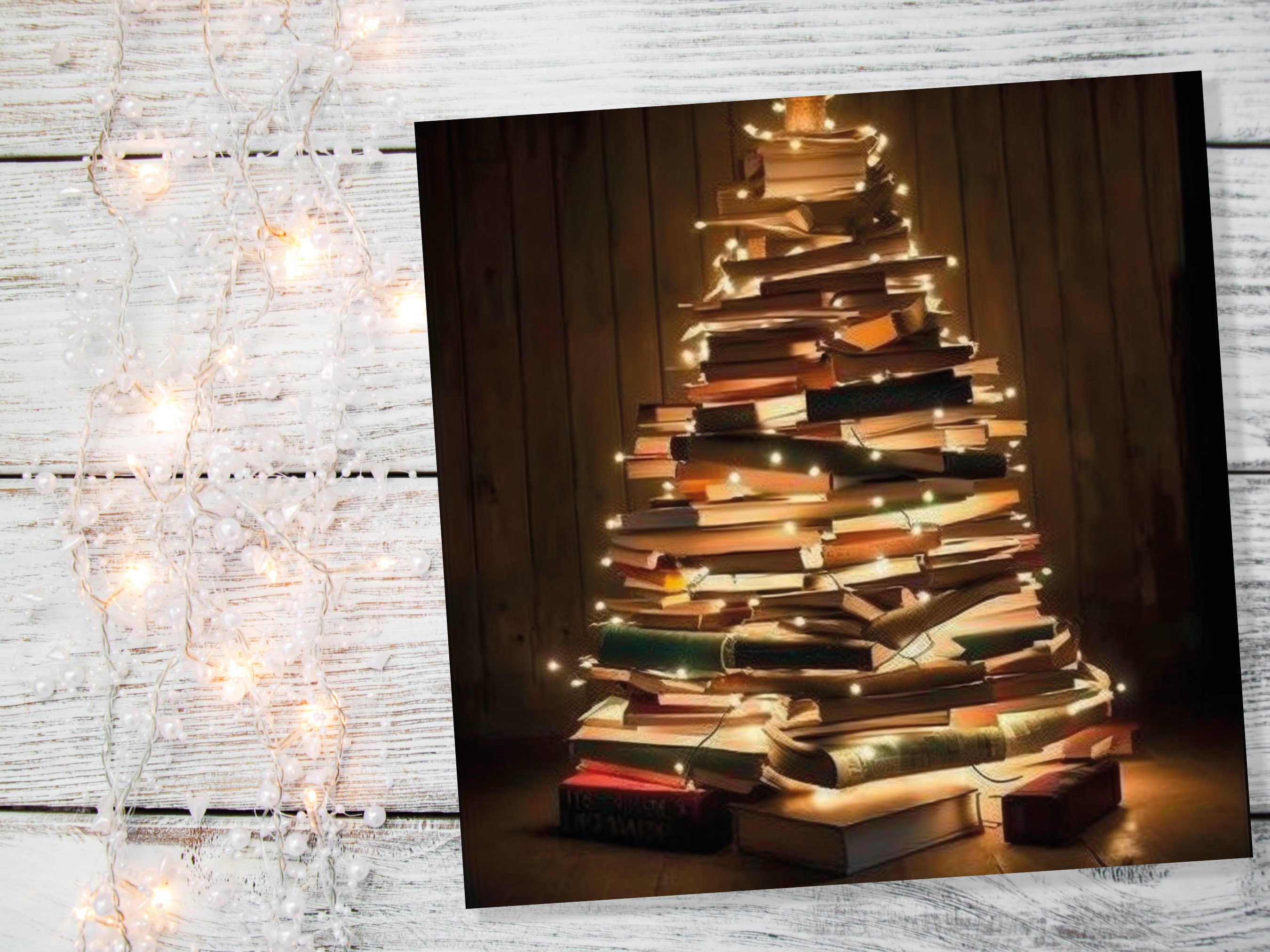 Book Lovers Christmas Tree Card and Fairy Lights Unique Cards for Bookworms Stack of Books Golden Greetings For Family Friends Xmas 2025 - View 7