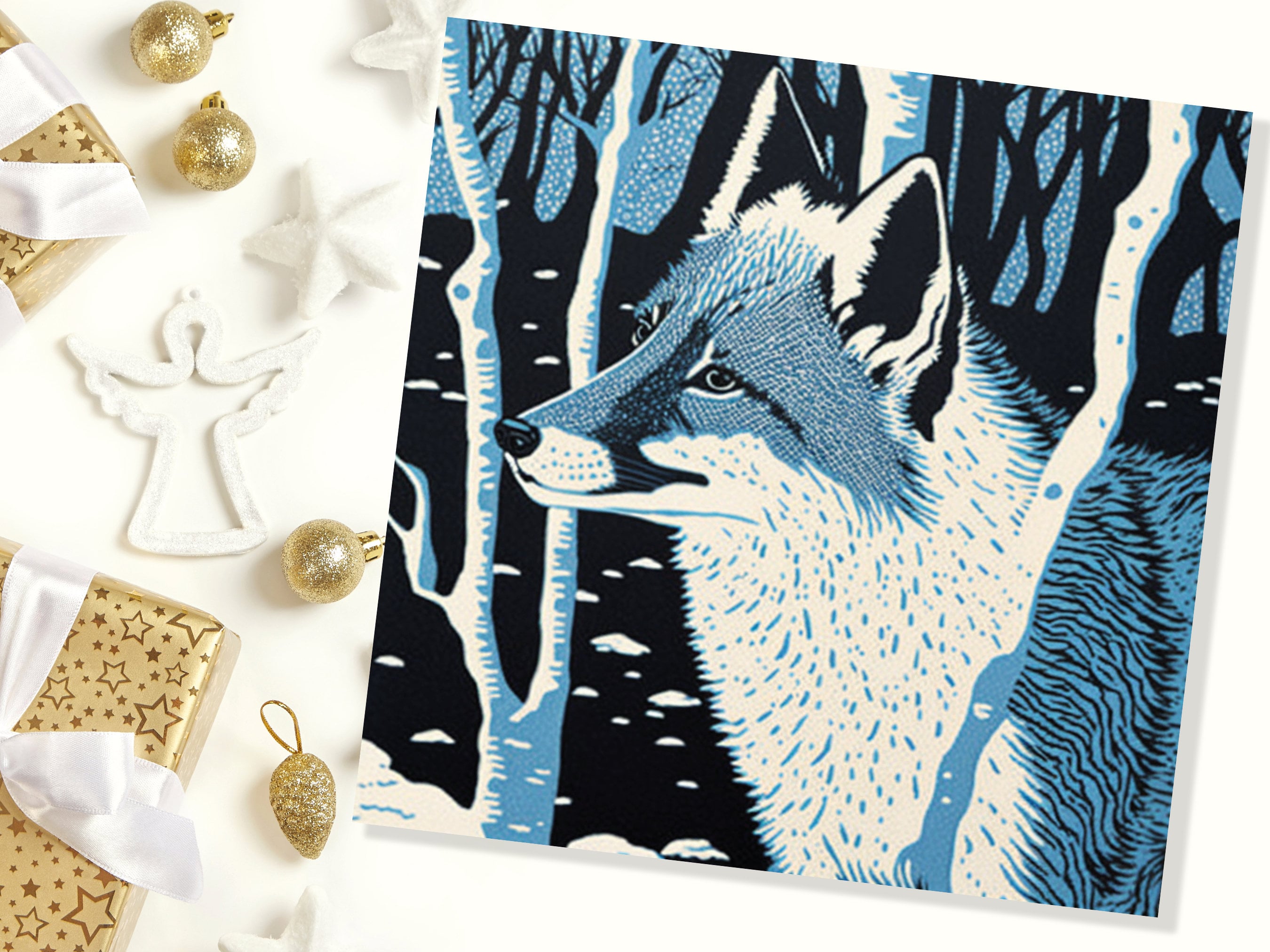Fox Cards Winter Linocut Snowy Woodland Illustration Blue White Black Snow Scene Landscape Greetings For Family Friends Xmas 2025 Thank You - View 6