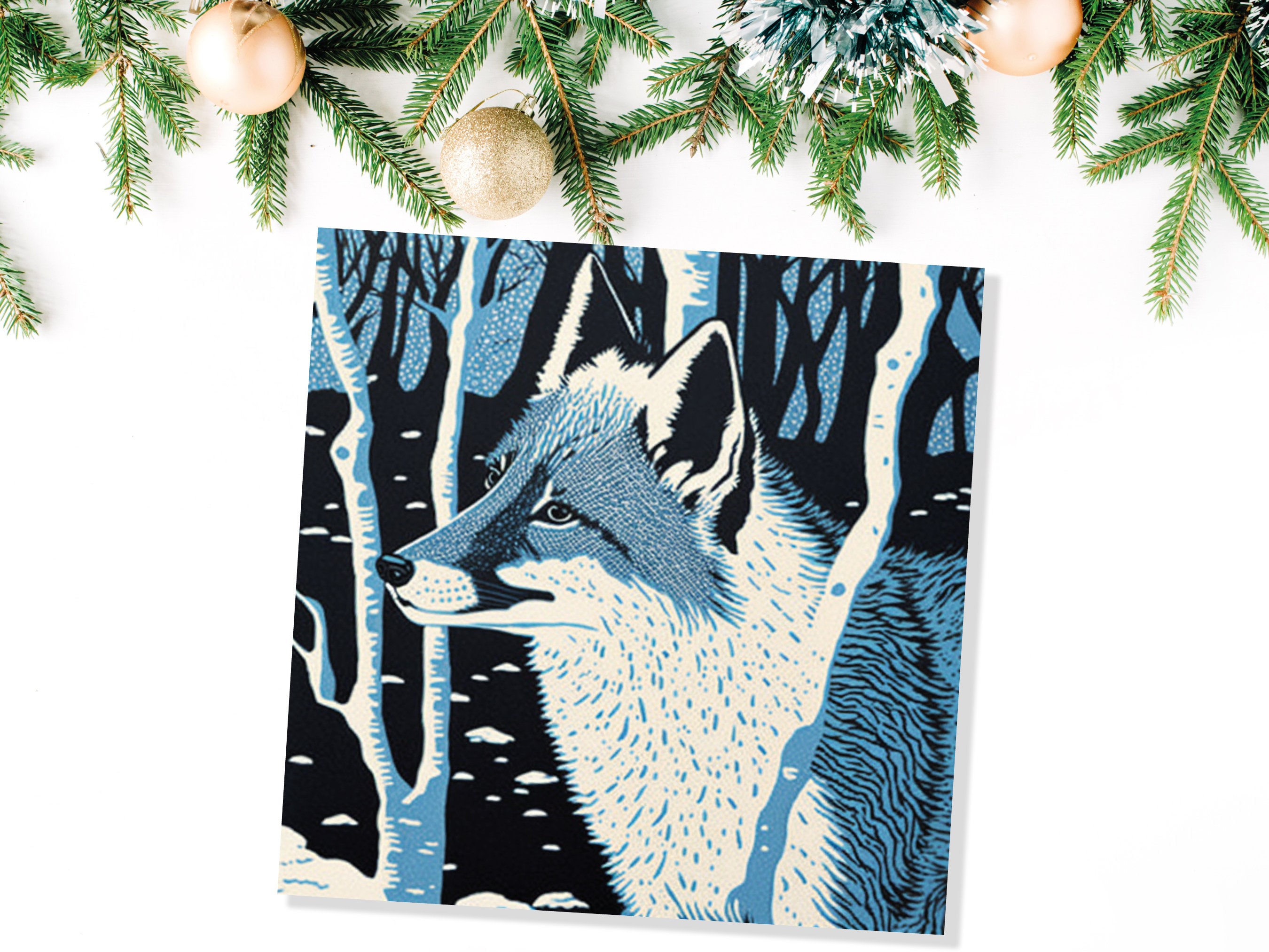 Fox Cards Winter Linocut Snowy Woodland Illustration Blue White Black Snow Scene Landscape Greetings For Family Friends Xmas 2025 Thank You - View 9