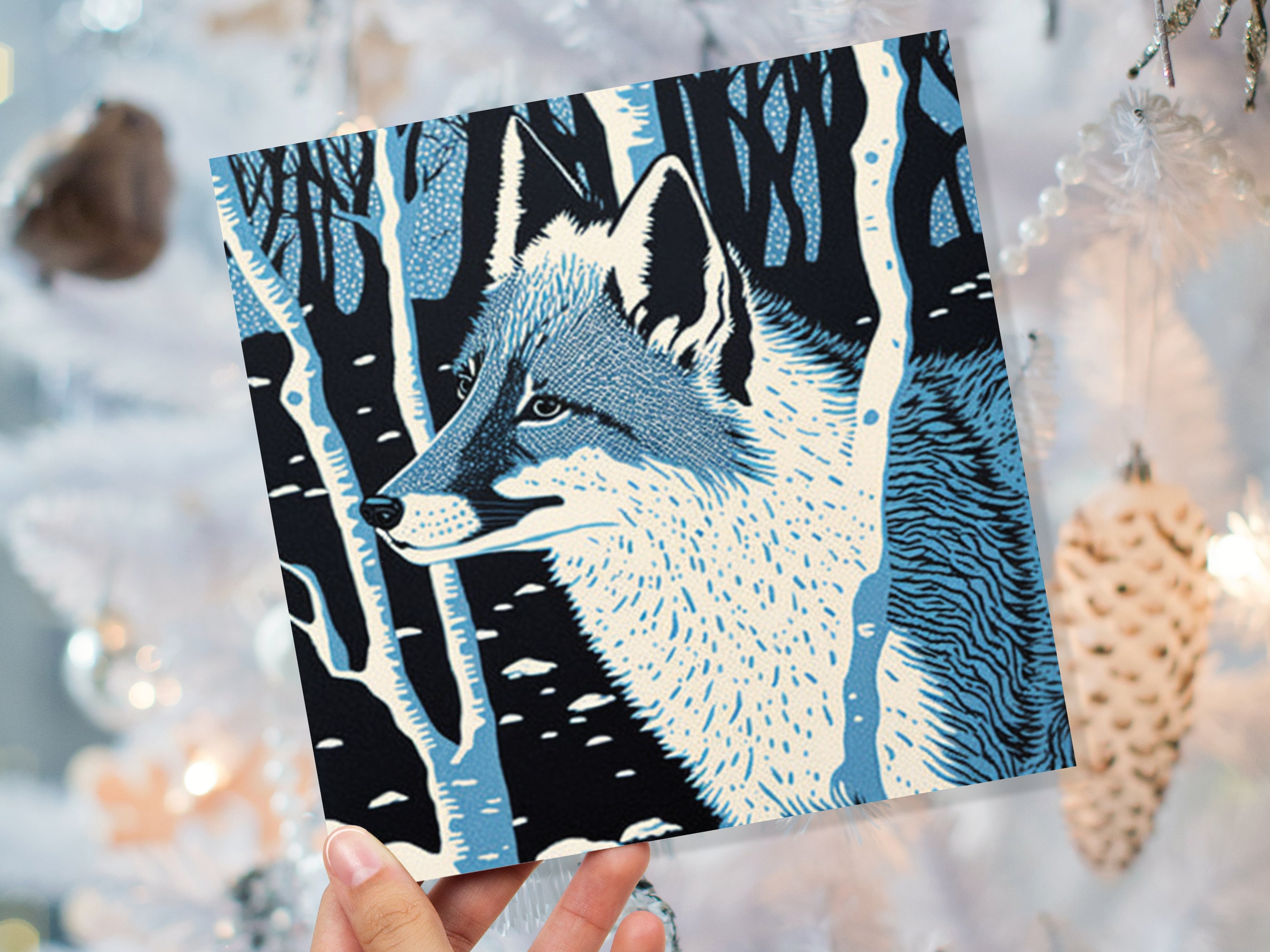 Fox Cards Winter Linocut Snowy Woodland Illustration Blue White Black Snow Scene Landscape Greetings For Family Friends Xmas 2025 Thank You - View 4