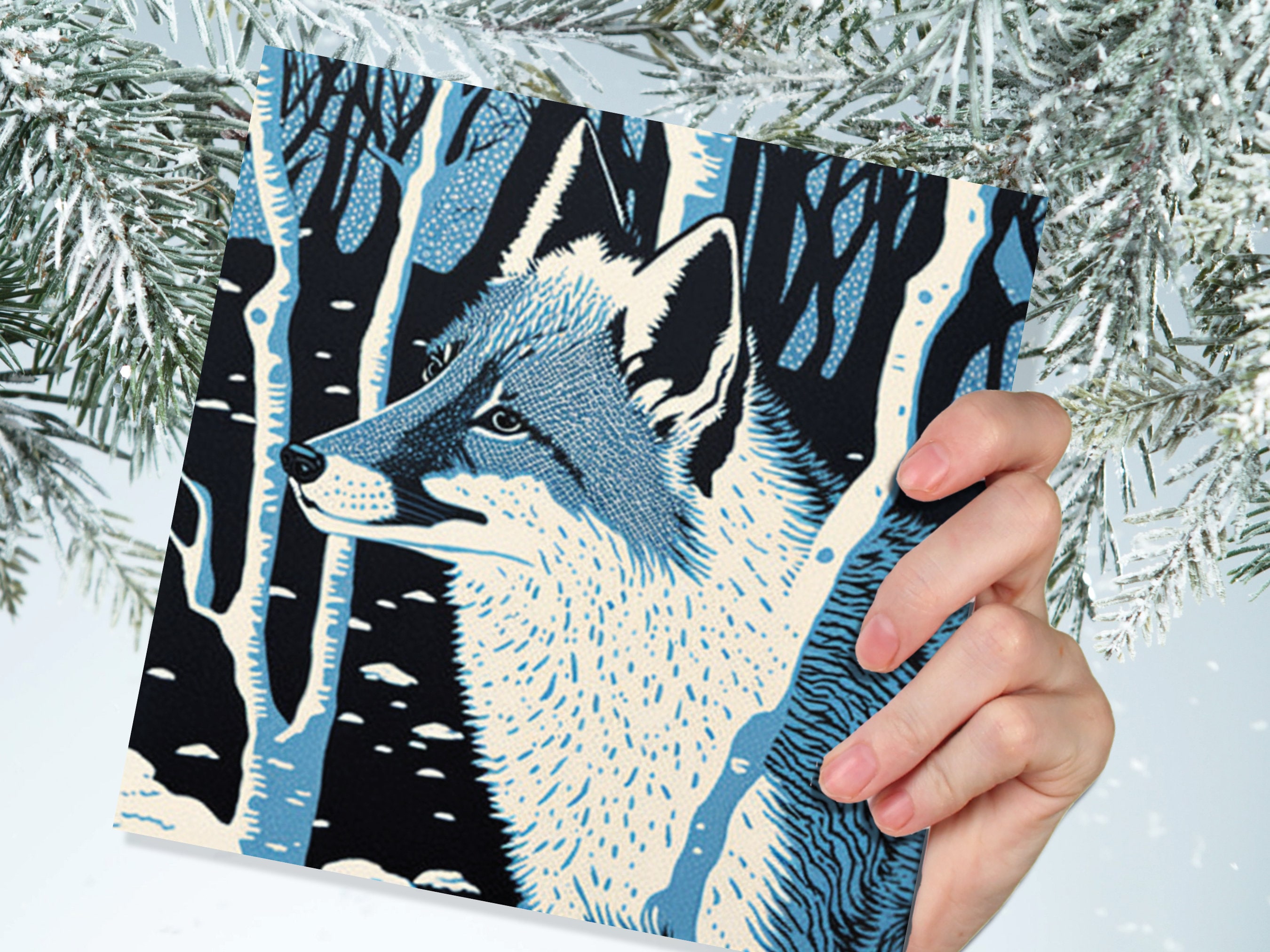 Fox Cards Winter Linocut Snowy Woodland Illustration Blue White Black Snow Scene Landscape Greetings For Family Friends Xmas 2025 Thank You - View 8