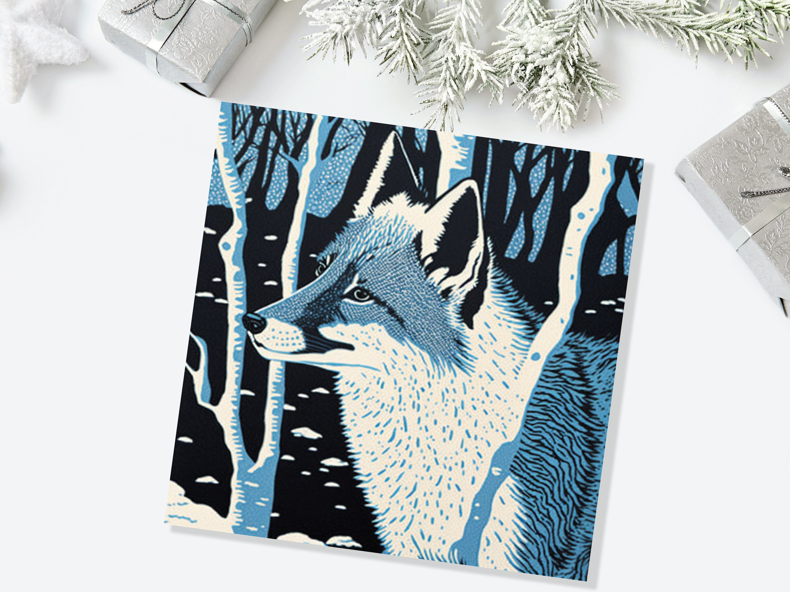 Fox Cards Winter Linocut Snowy Woodland Illustration Blue White Black Snow Scene Landscape Greetings For Family Friends Xmas 2025 Thank You - View 2