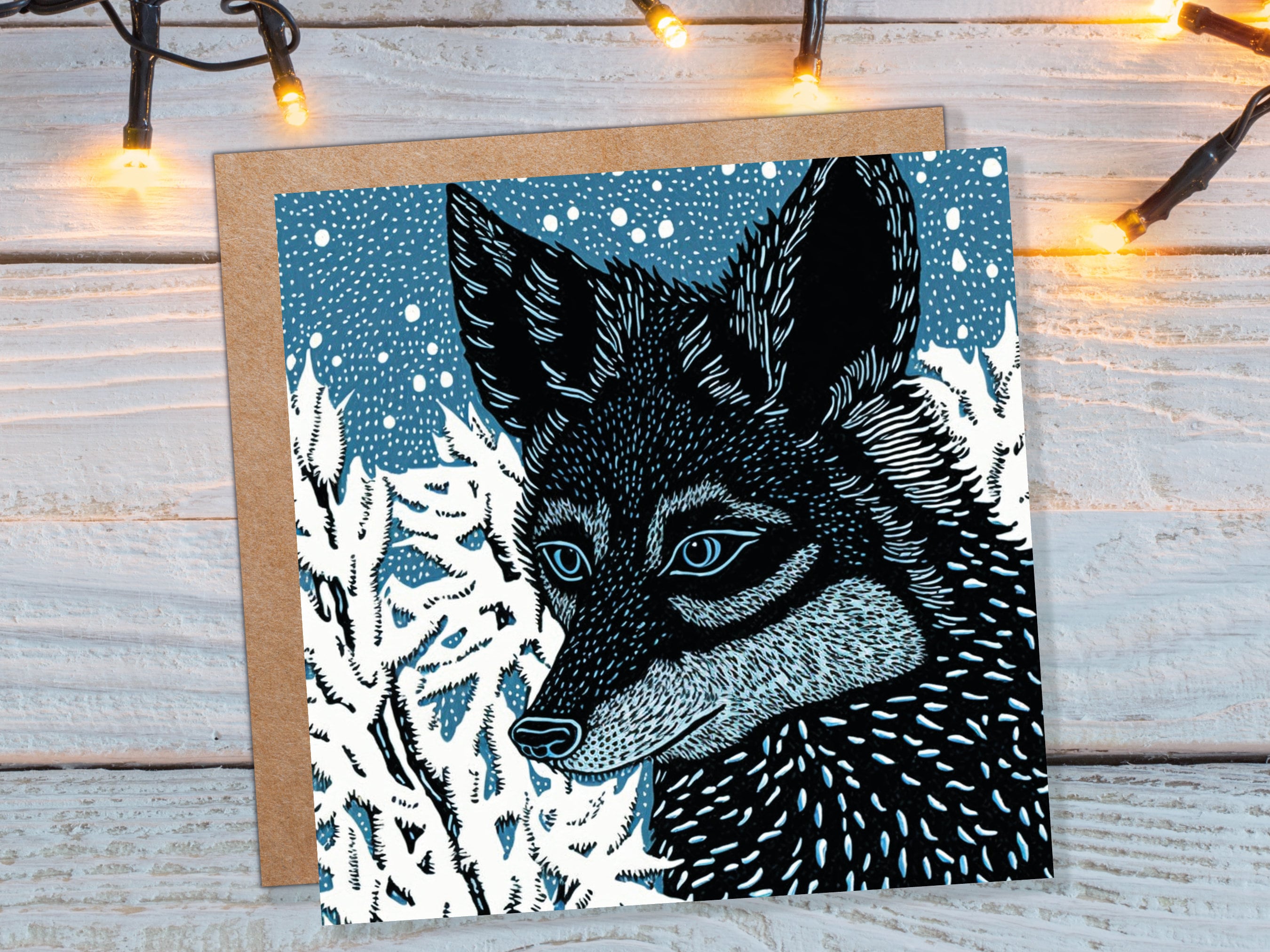 Fox Card Blue Linocut Winter Snowy Illustration White Black Snow Scene Woodland Forest Tree Greetings For Family Friends Xmas 2025 Thank You - View 3