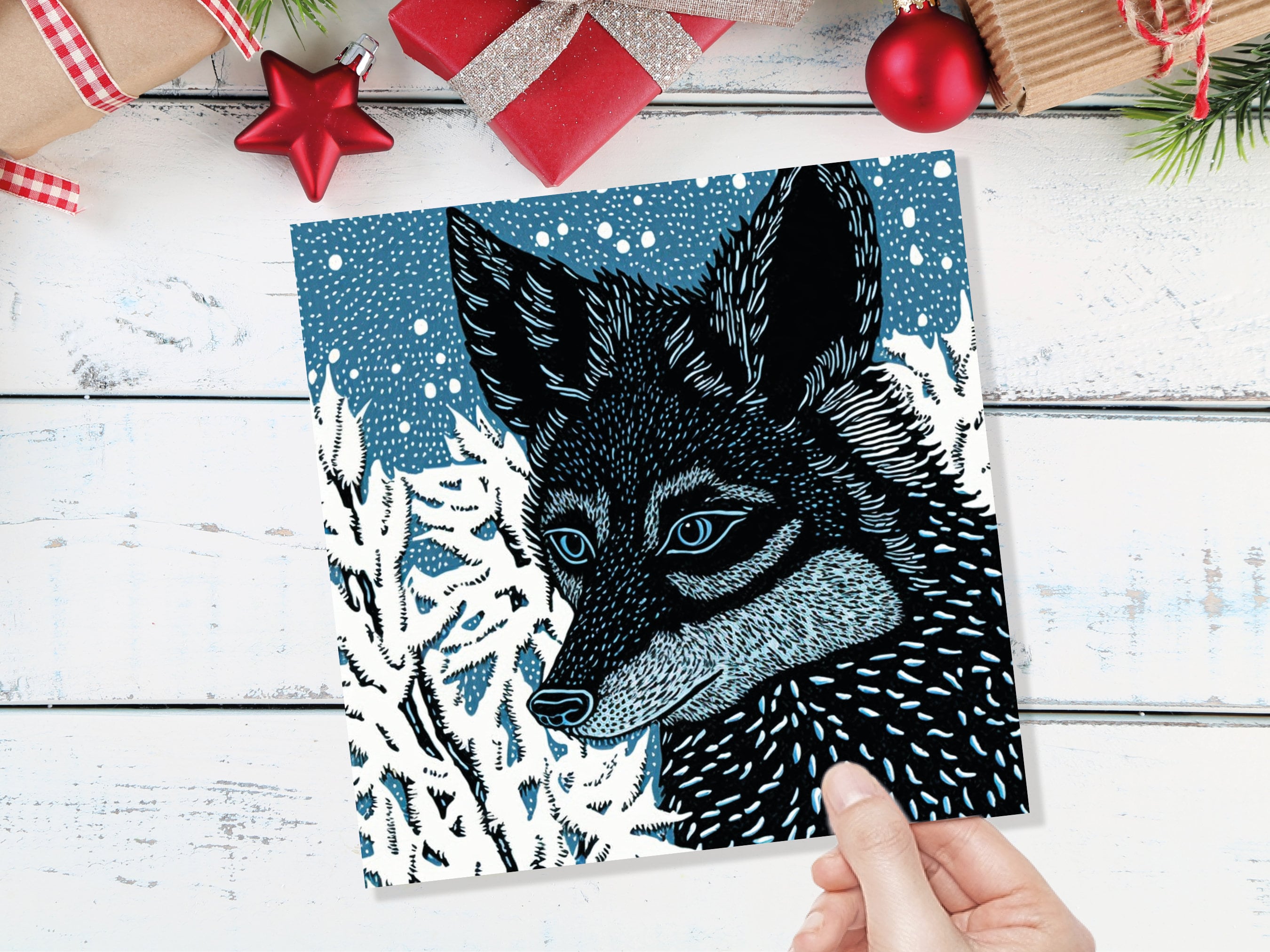 Fox Card Blue Linocut Winter Snowy Illustration White Black Snow Scene Woodland Forest Tree Greetings For Family Friends Xmas 2025 Thank You - View 8