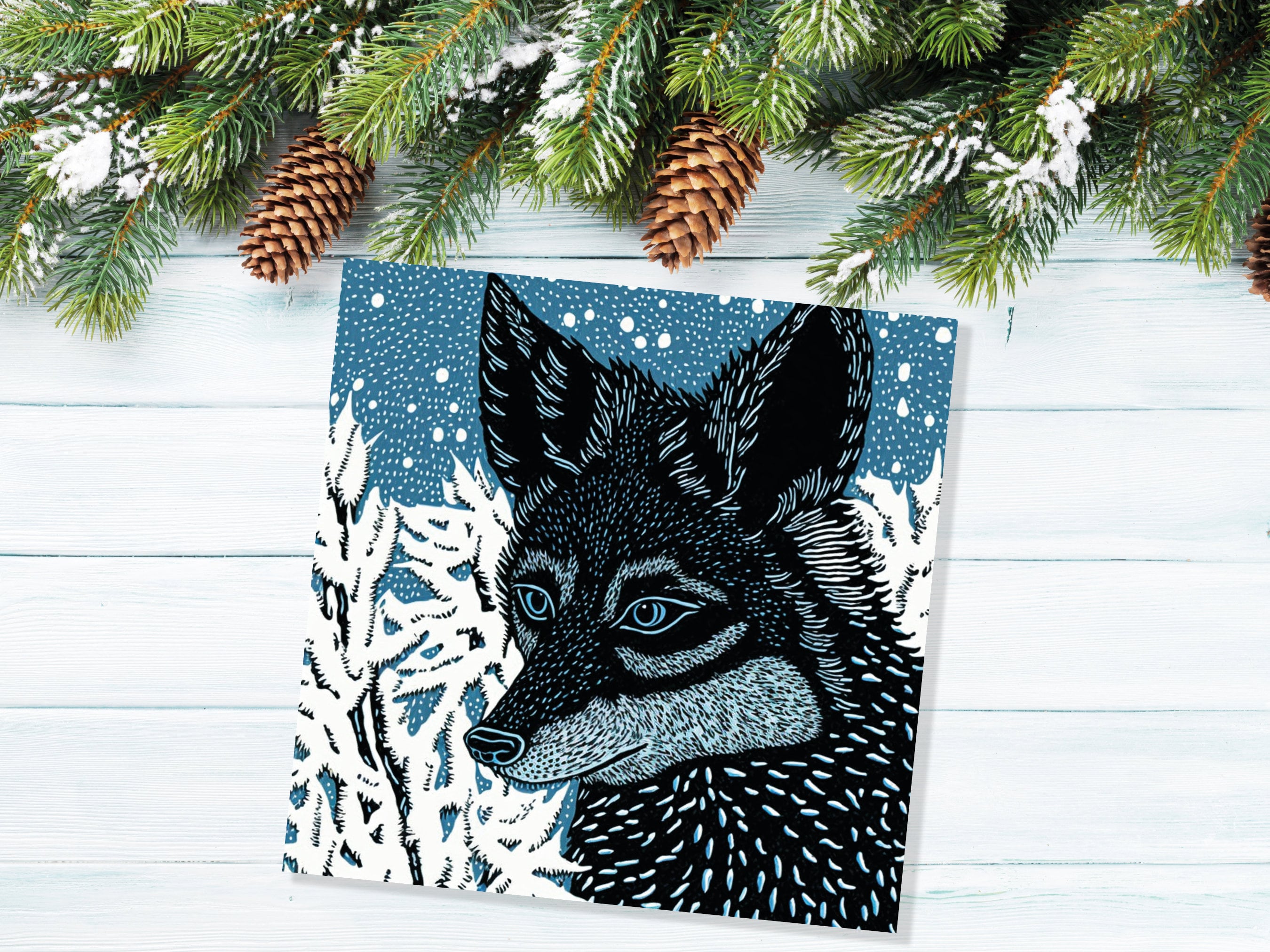 Fox Card Blue Linocut Winter Snowy Illustration White Black Snow Scene Woodland Forest Tree Greetings For Family Friends Xmas 2025 Thank You - View 2