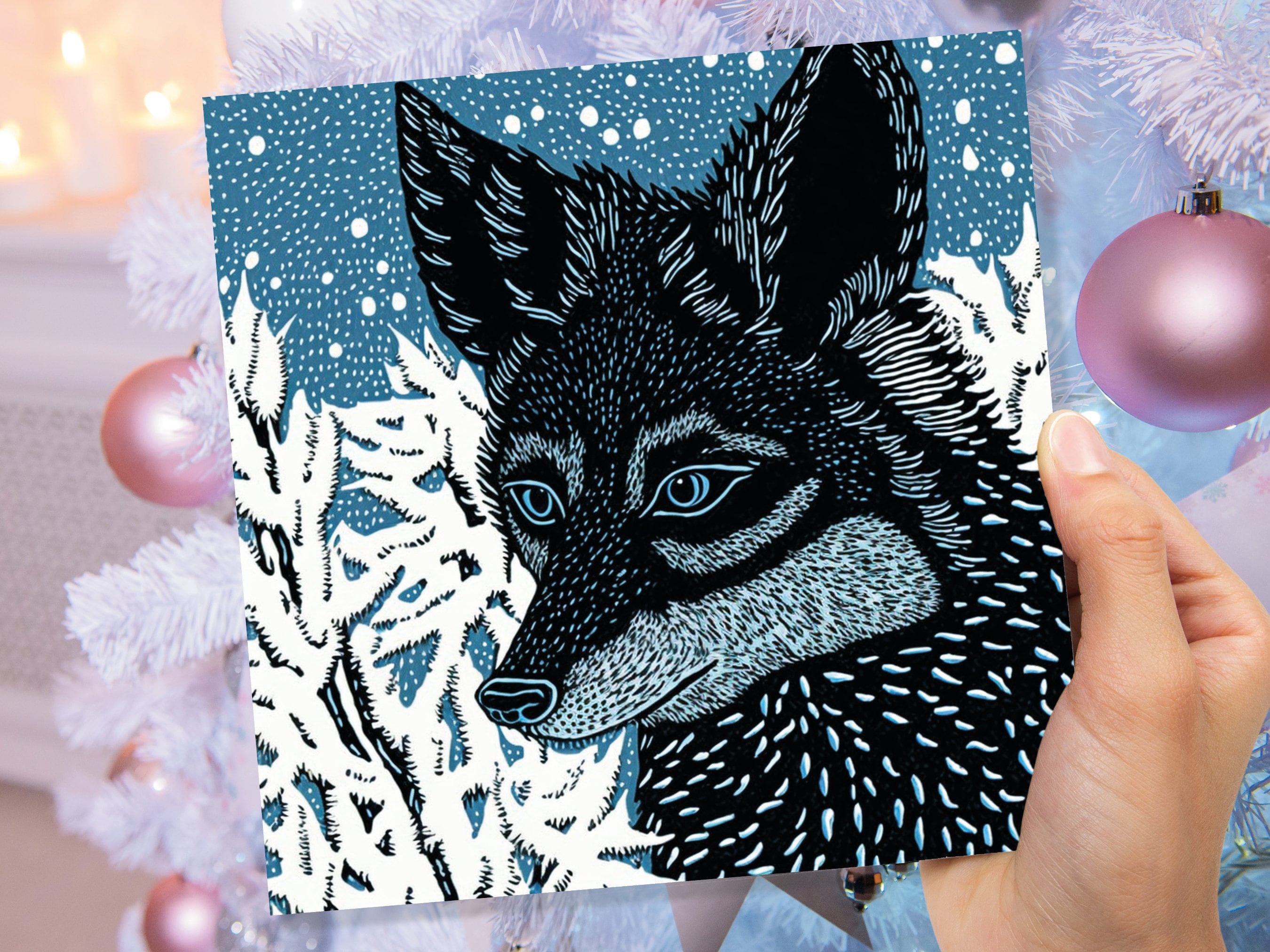 Fox Card Blue Linocut Winter Snowy Illustration White Black Snow Scene Woodland Forest Tree Greetings For Family Friends Xmas 2025 Thank You - View 7