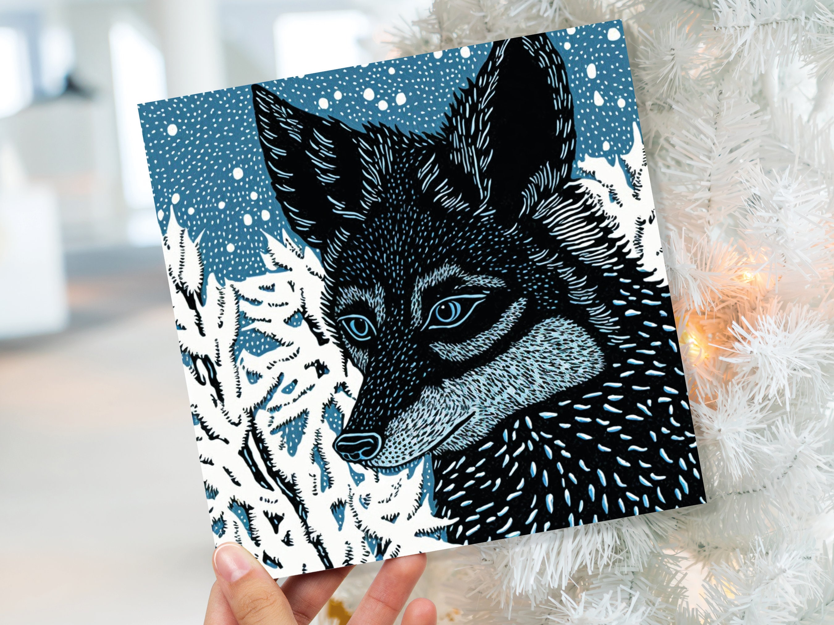 Fox Card Blue Linocut Winter Snowy Illustration White Black Snow Scene Woodland Forest Tree Greetings For Family Friends Xmas 2025 Thank You - View 9