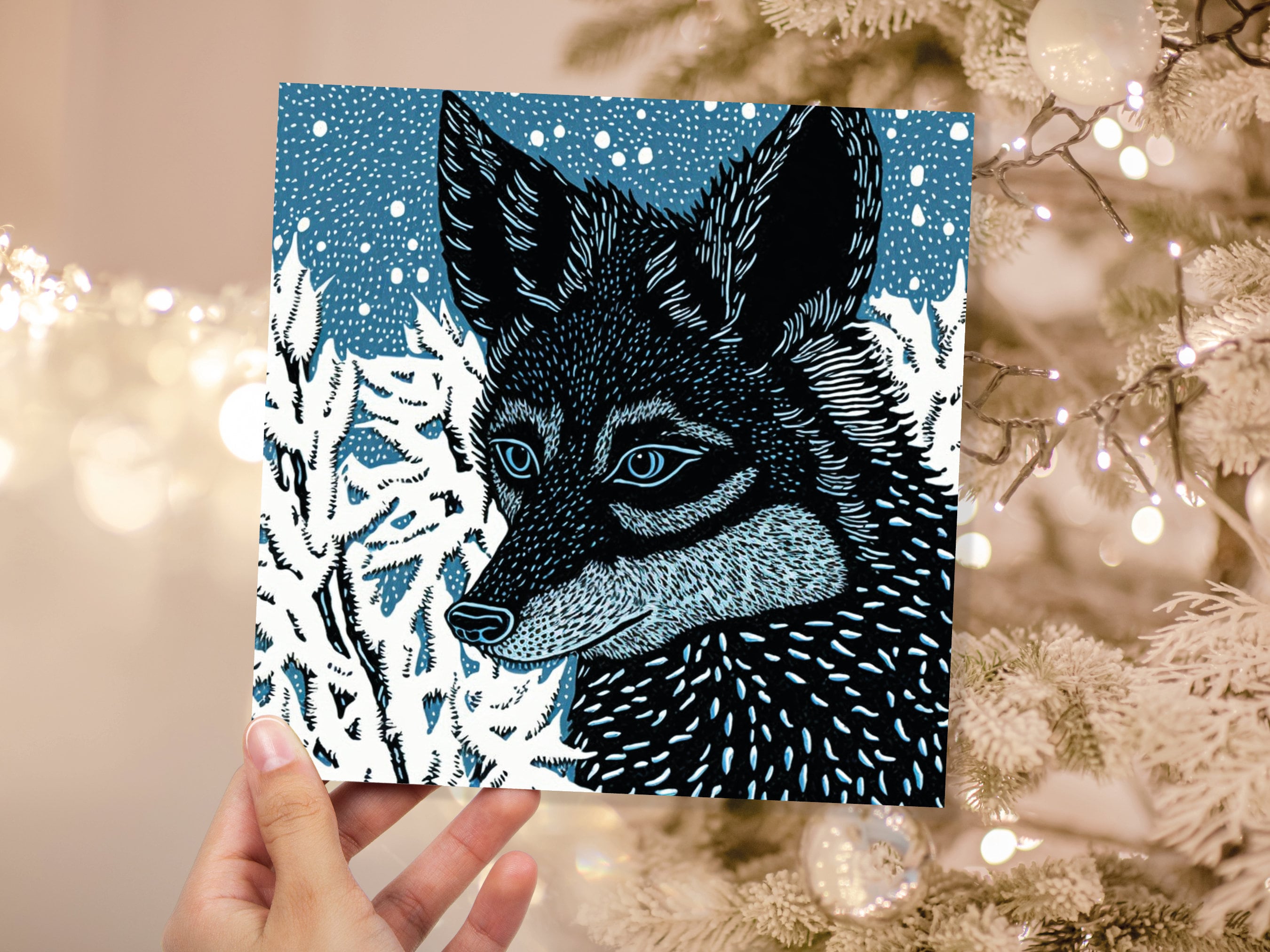 Fox Card Blue Linocut Winter Snowy Illustration White Black Snow Scene Woodland Forest Tree Greetings For Family Friends Xmas 2025 Thank You - View 4