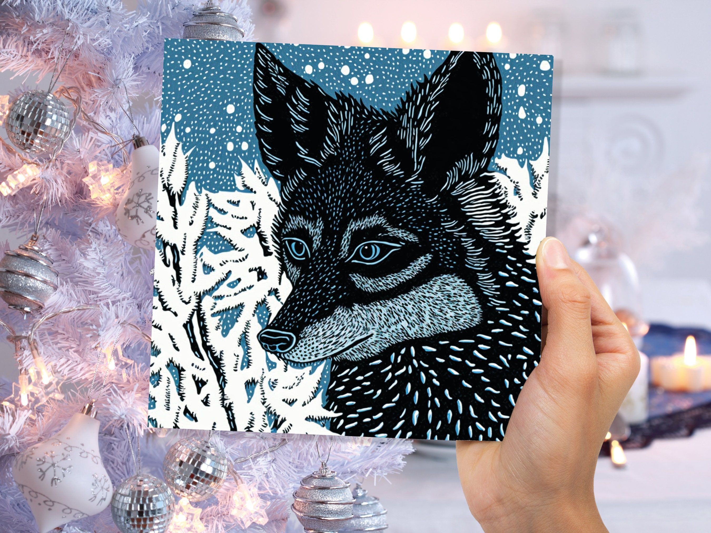 Fox Card Blue Linocut Winter Snowy Illustration White Black Snow Scene Woodland Forest Tree Greetings For Family Friends Xmas 2025 Thank You - View 5