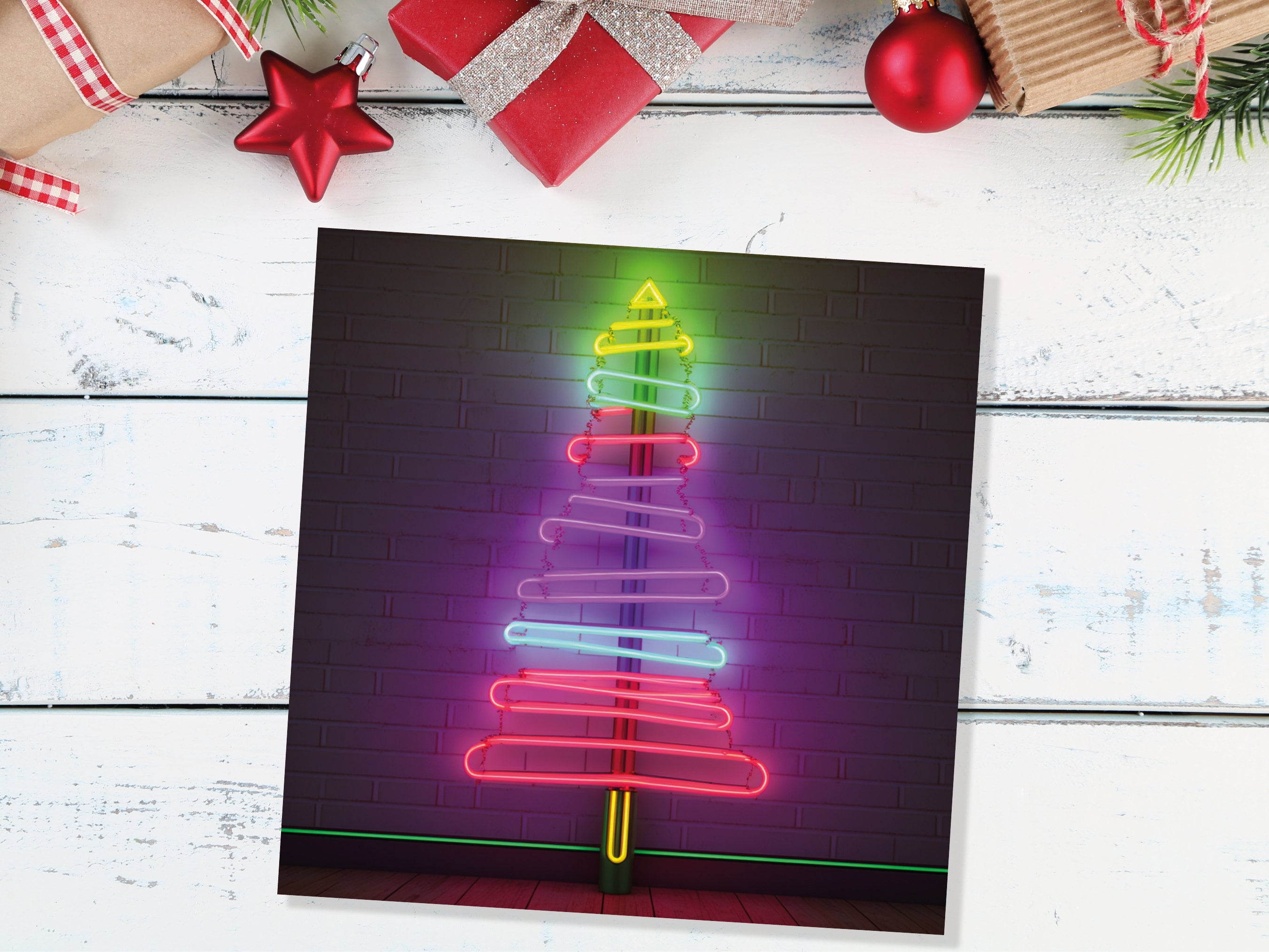 Neon Christmas Card Tree Tube Lighting Glowing Lights Y2K Bright Pink Purple Green Colourful Rainbow Modern Fun For Family Friends Xmas 2025 - View 9