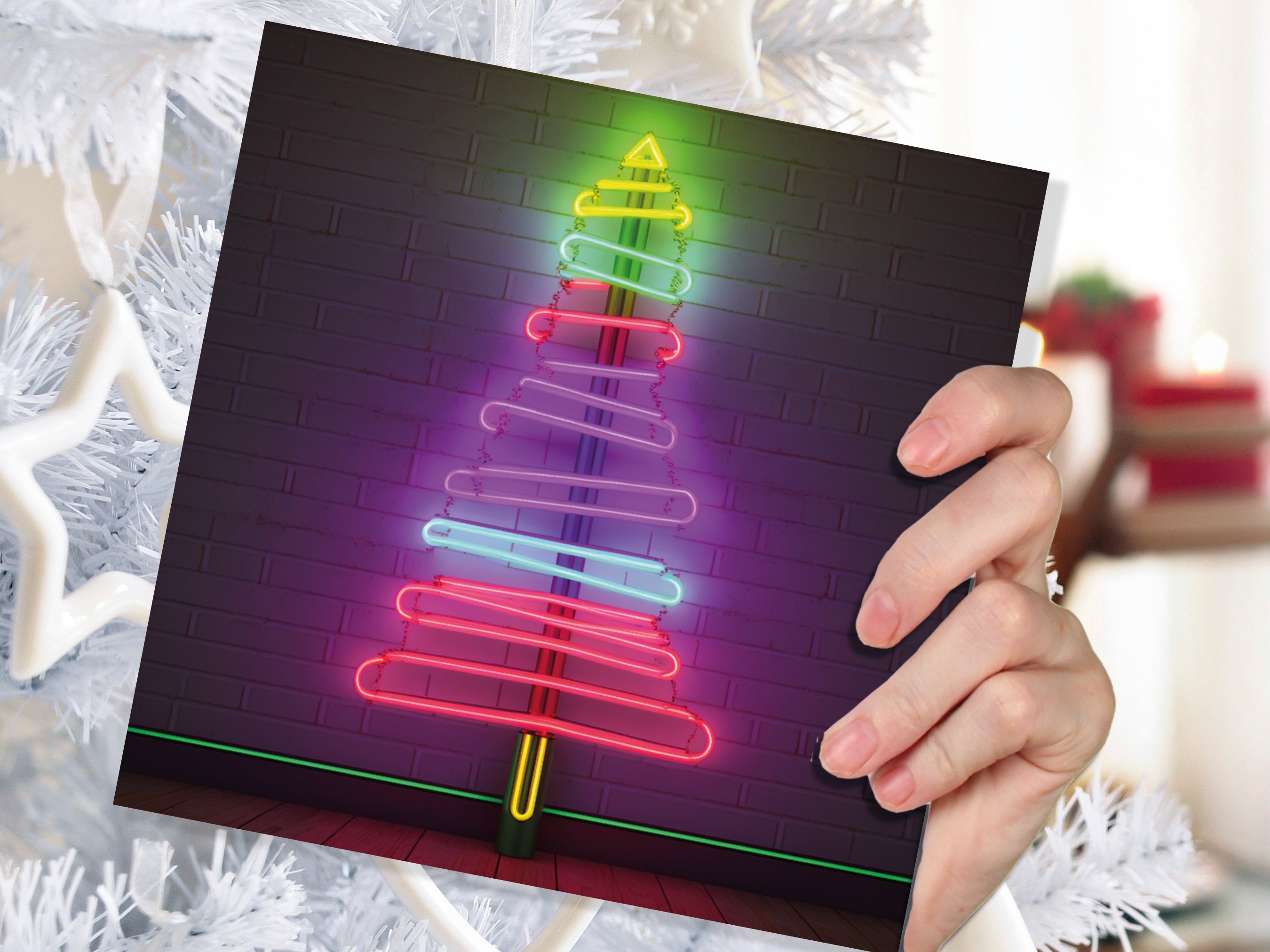 Neon Christmas Card Tree Tube Lighting Glowing Lights Y2K Bright Pink Purple Green Colourful Rainbow Modern Fun For Family Friends Xmas 2025 - View 7