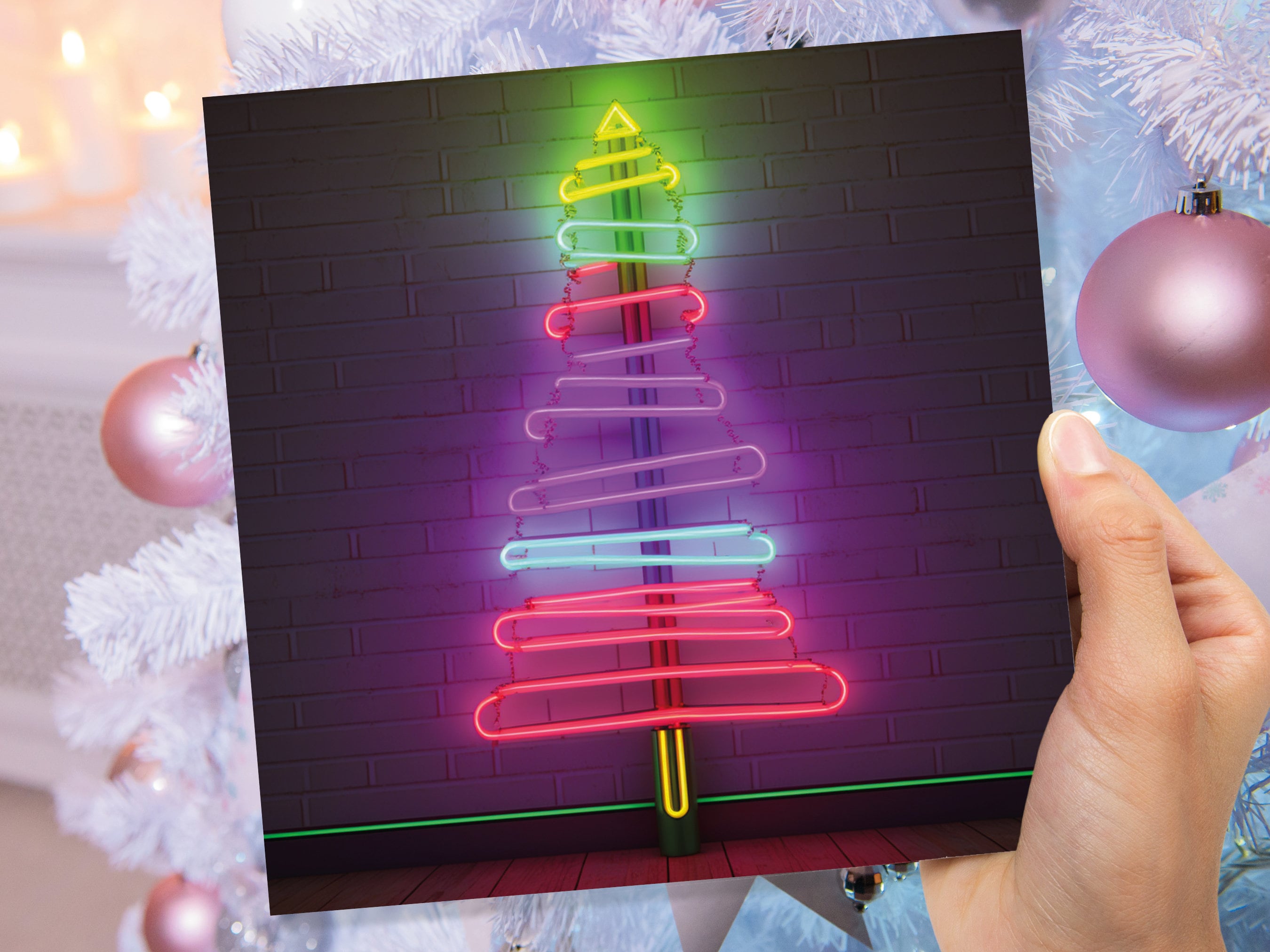 Neon Christmas Card Tree Tube Lighting Glowing Lights Y2K Bright Pink Purple Green Colourful Rainbow Modern Fun For Family Friends Xmas 2025 - View 8