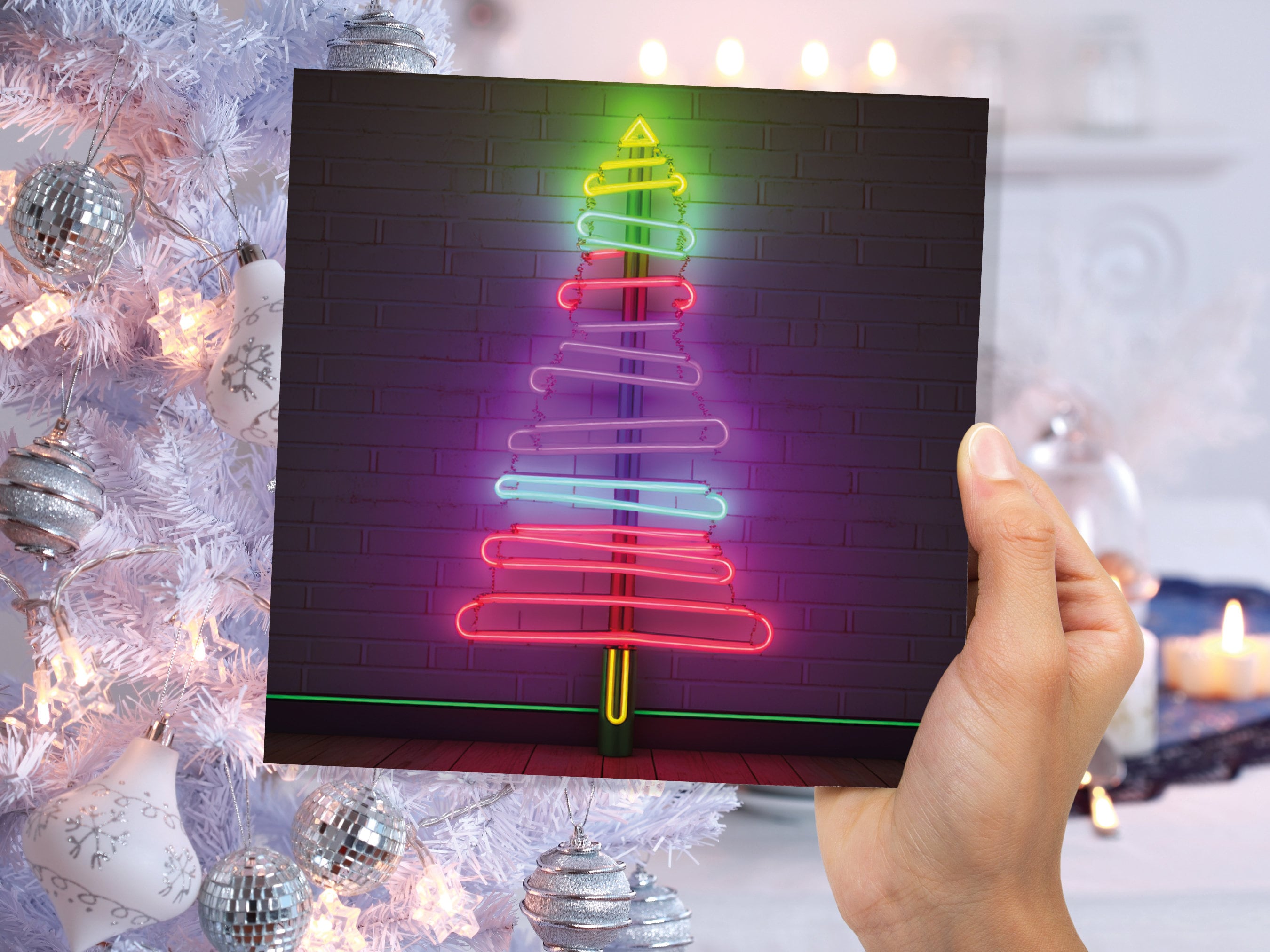 Neon Christmas Card Tree Tube Lighting Glowing Lights Y2K Bright Pink Purple Green Colourful Rainbow Modern Fun For Family Friends Xmas 2025 - View 4