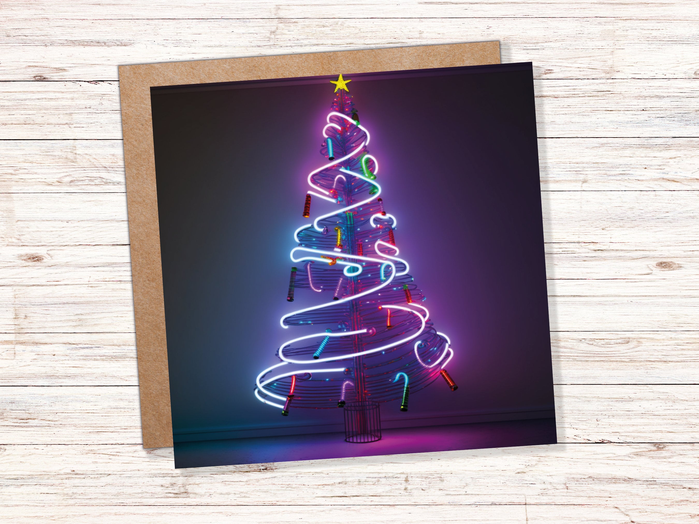 Neon Christmas Card Tree 80s Glowing Lights Tube Lighting Y2K Bright Colours Colourful Pink Purple Modern Cards For Family Friends Xmas 2025 - View 2