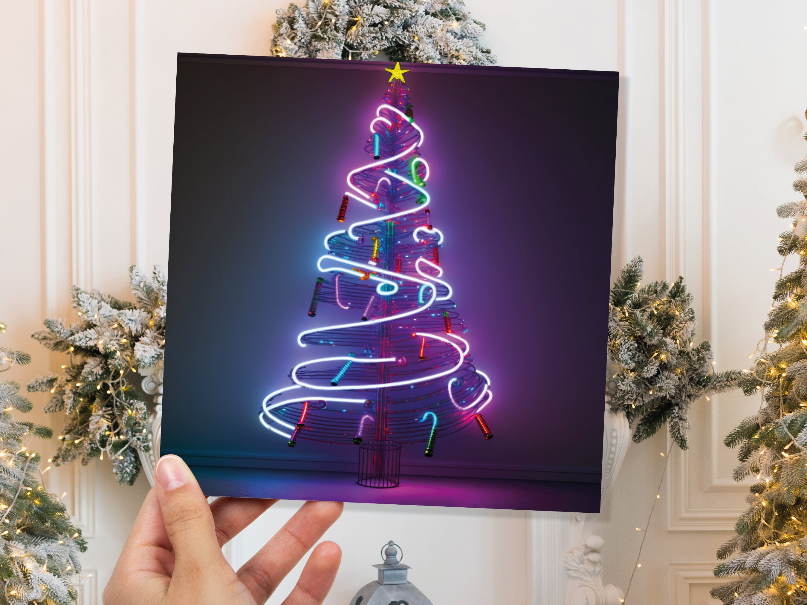 Neon Christmas Card Tree 80s Glowing Lights Tube Lighting Y2K Bright Colours Colourful Pink Purple Modern Cards For Family Friends Xmas 2025 - View 3