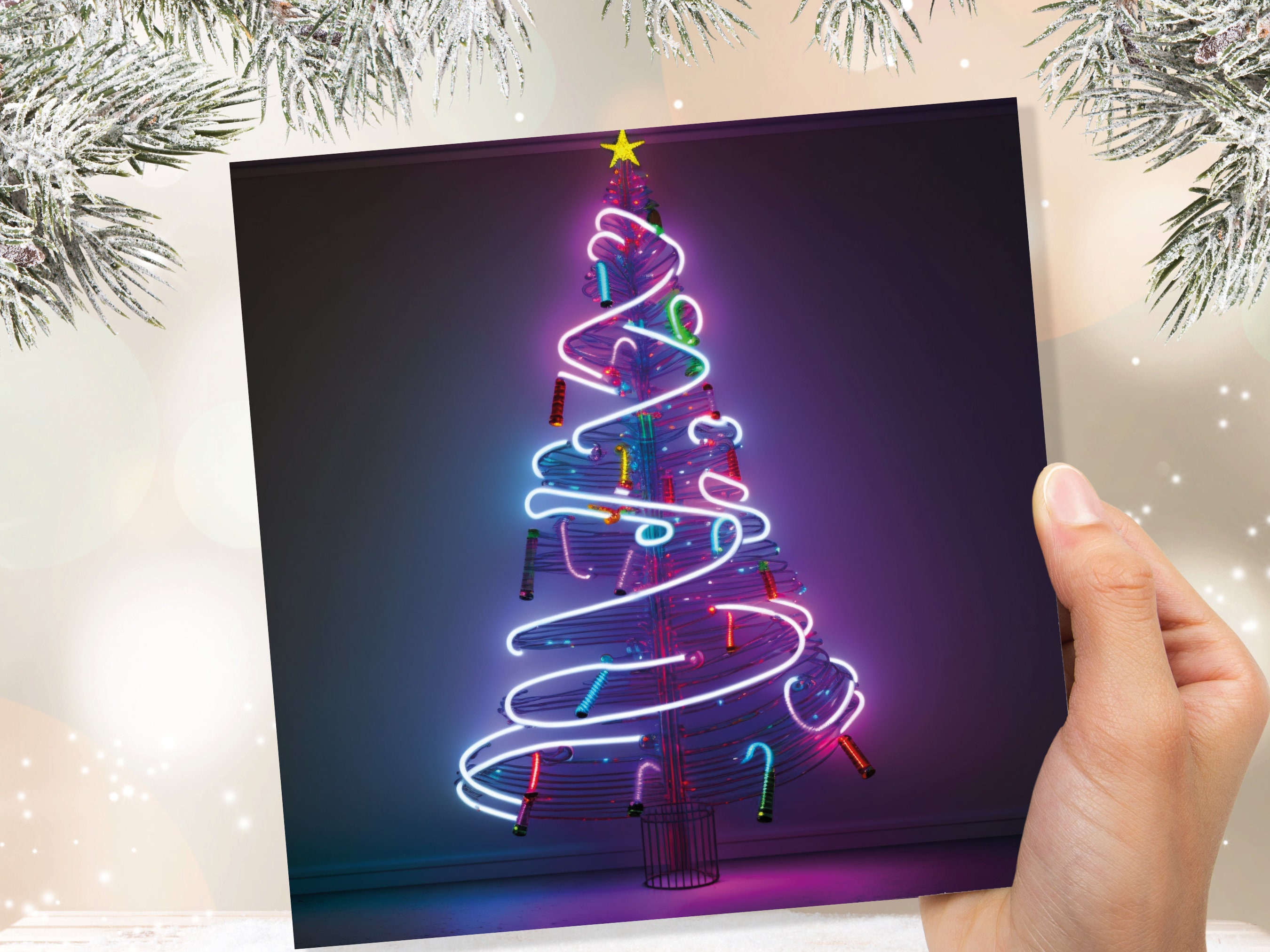Neon Christmas Card Tree 80s Glowing Lights Tube Lighting Y2K Bright Colours Colourful Pink Purple Modern Cards For Family Friends Xmas 2025