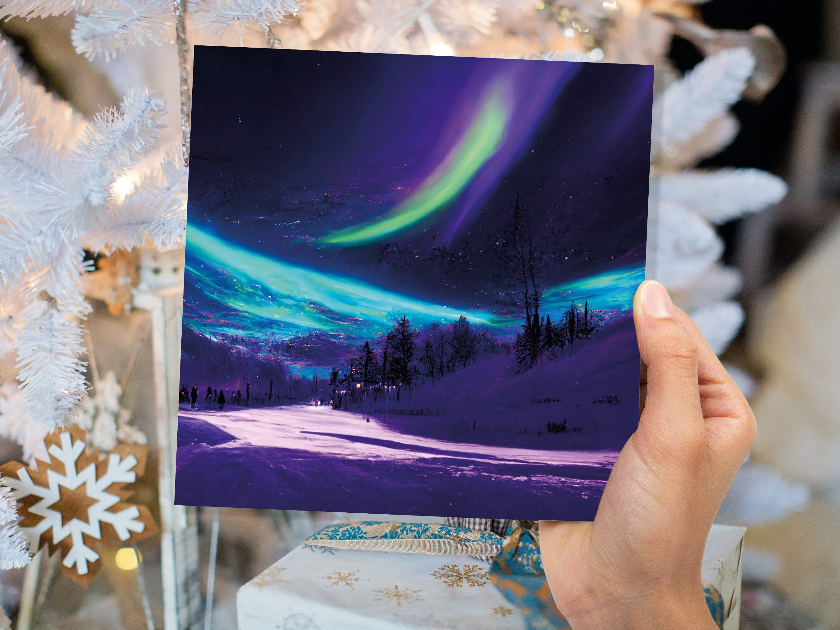 Northern Lights Painting Card Snow Scene Green Purple Aurora Borealis Polar Sky Winter Night Cards For Family Friends Xmas 2025 Thank You - View 5