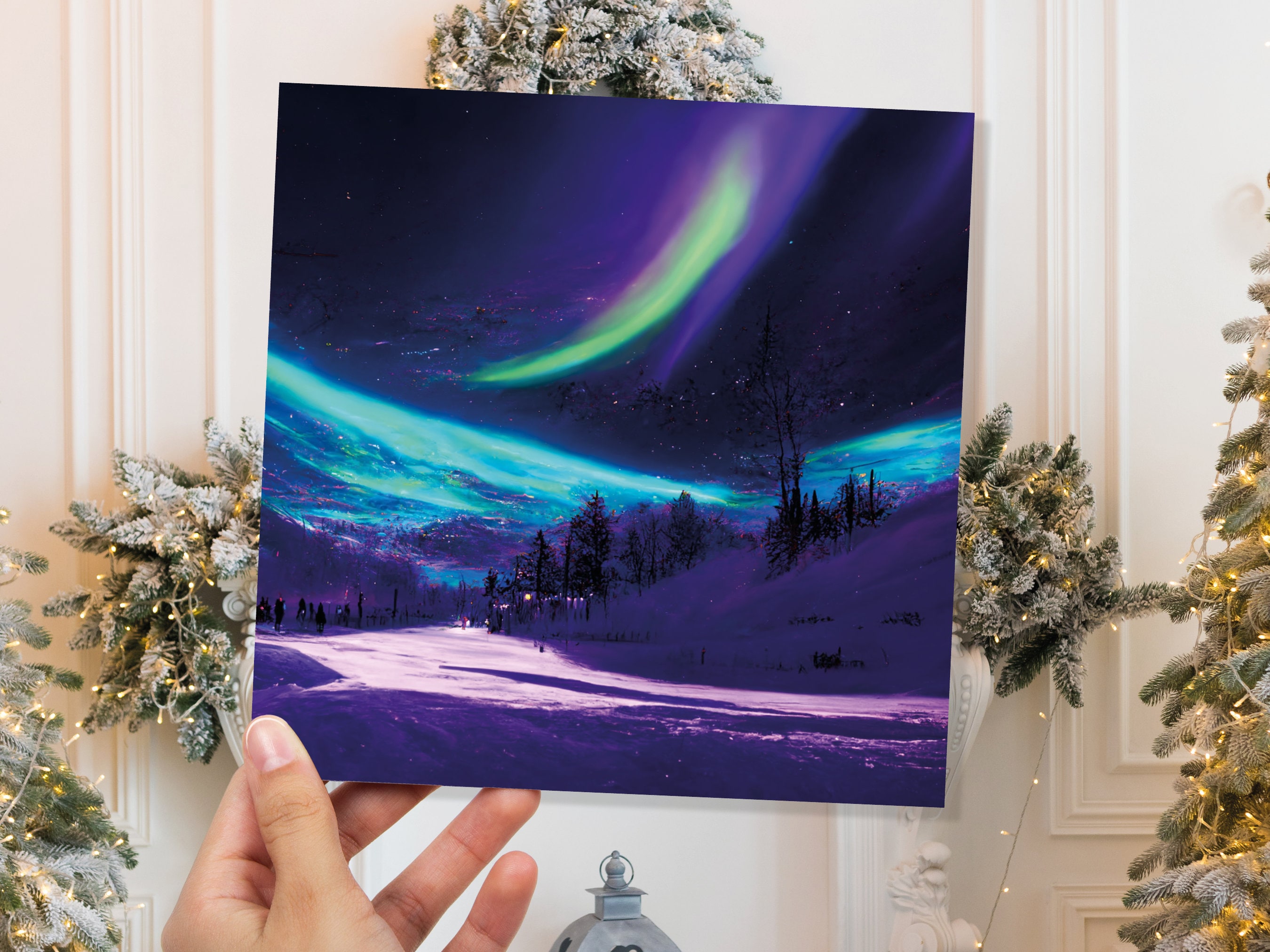 Northern Lights Painting Card Snow Scene Green Purple Aurora Borealis Polar Sky Winter Night Cards For Family Friends Xmas 2025 Thank You - View 4