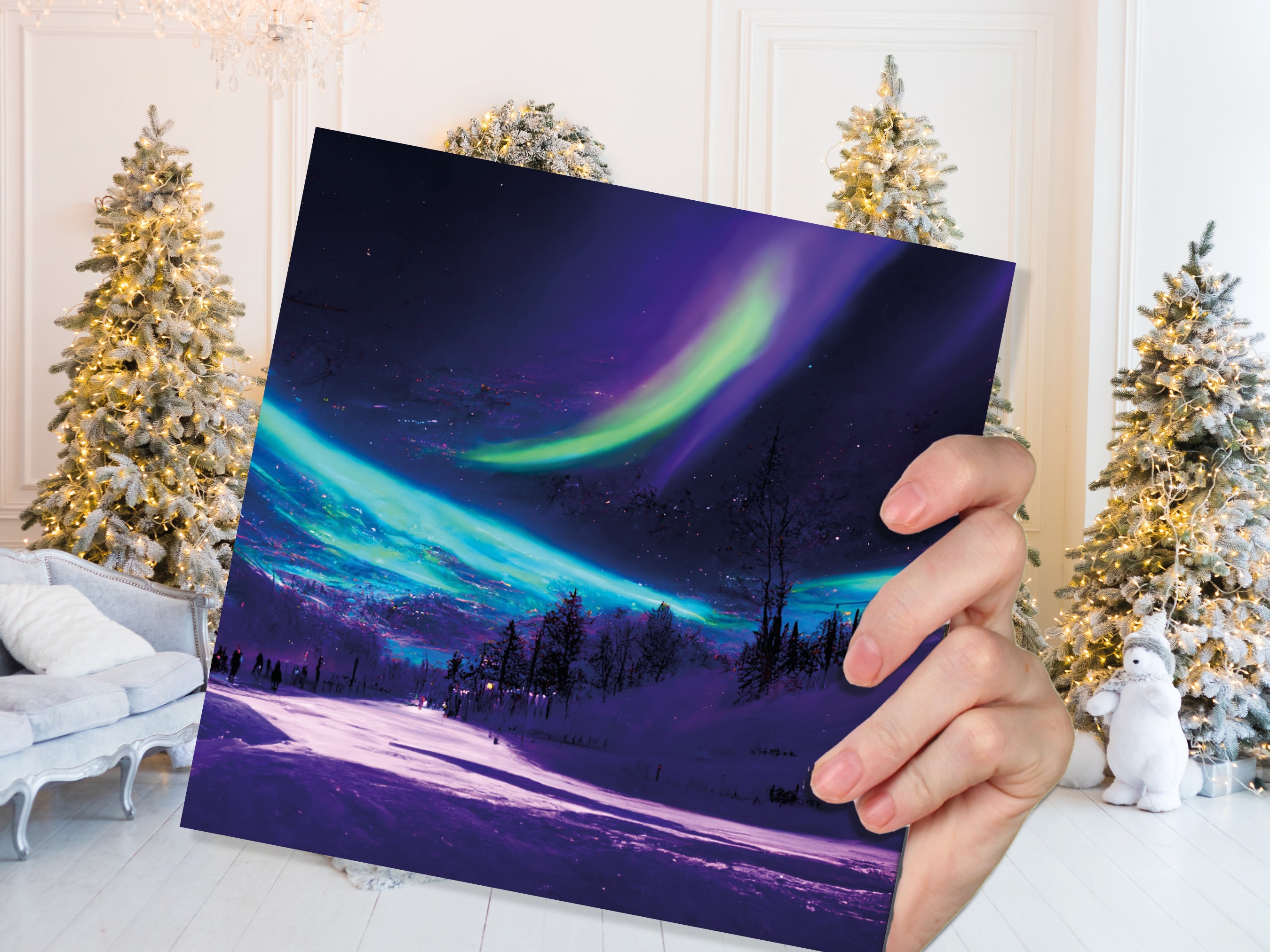 Northern Lights Painting Card Snow Scene Green Purple Aurora Borealis Polar Sky Winter Night Cards For Family Friends Xmas 2025 Thank You - View 2