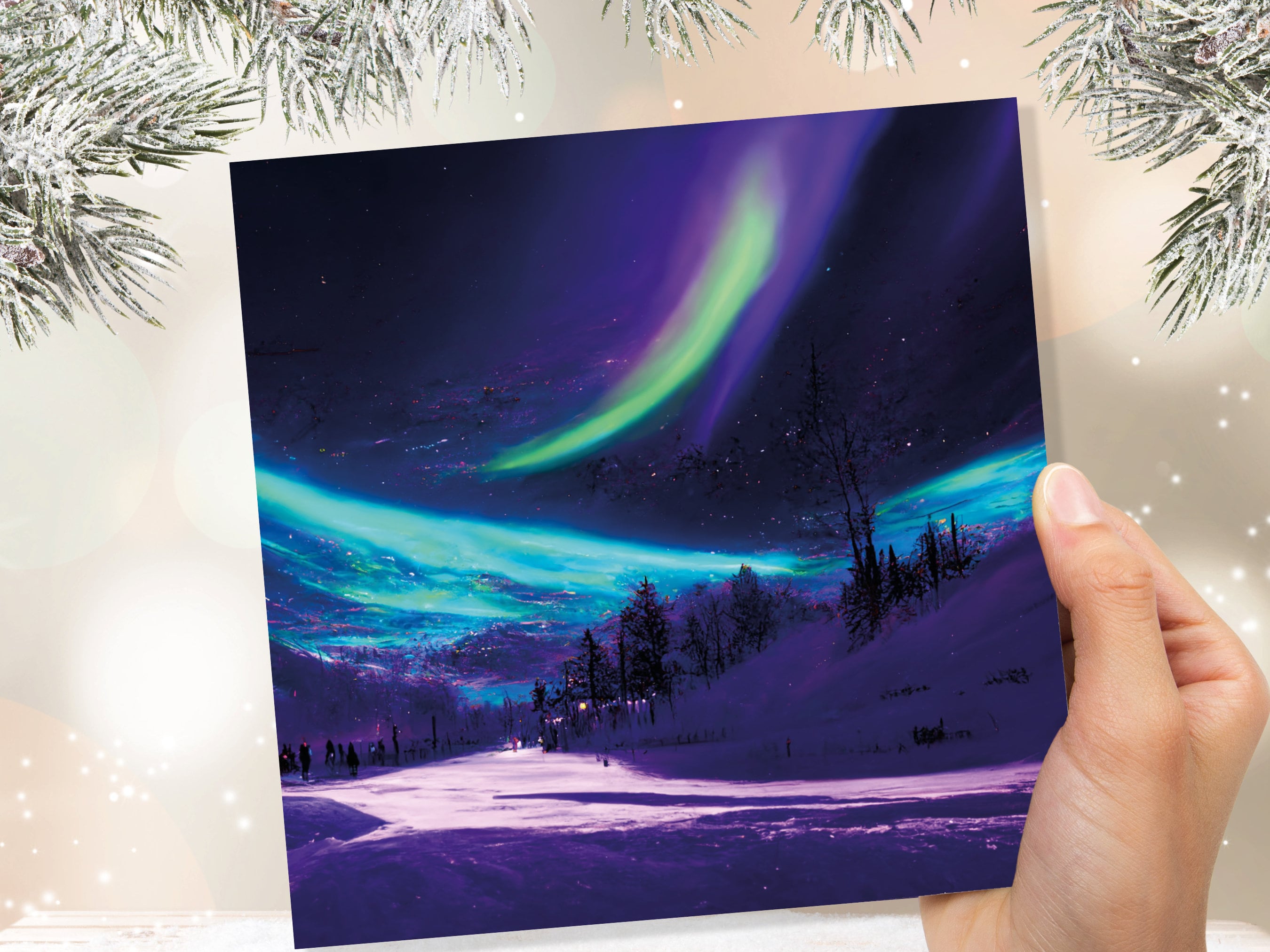 Northern Lights Painting Card Snow Scene Green Purple Aurora Borealis Polar Sky Winter Night Cards For Family Friends Xmas 2025 Thank You