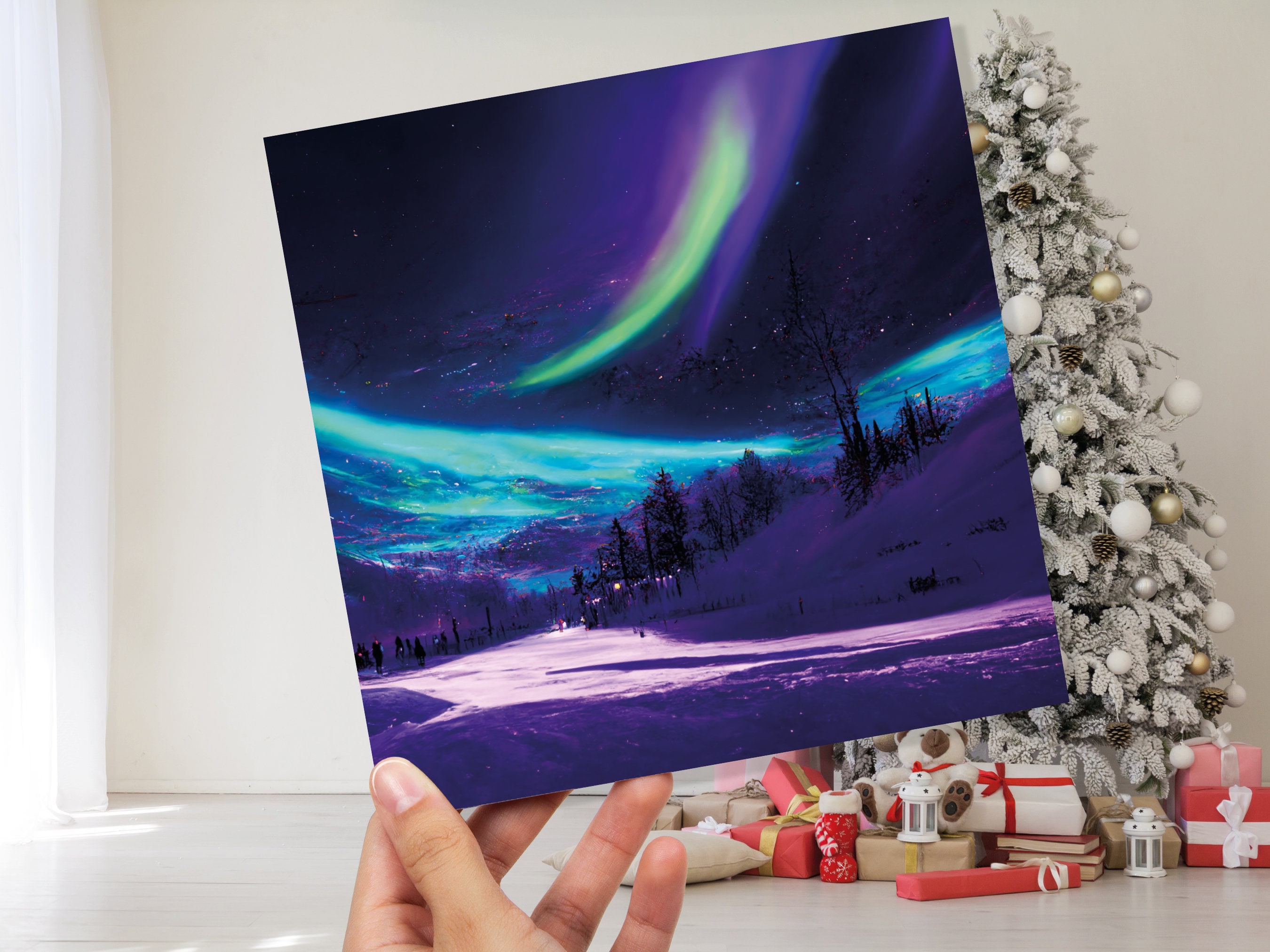 Northern Lights Painting Card Snow Scene Green Purple Aurora Borealis Polar Sky Winter Night Cards For Family Friends Xmas 2025 Thank You - View 9