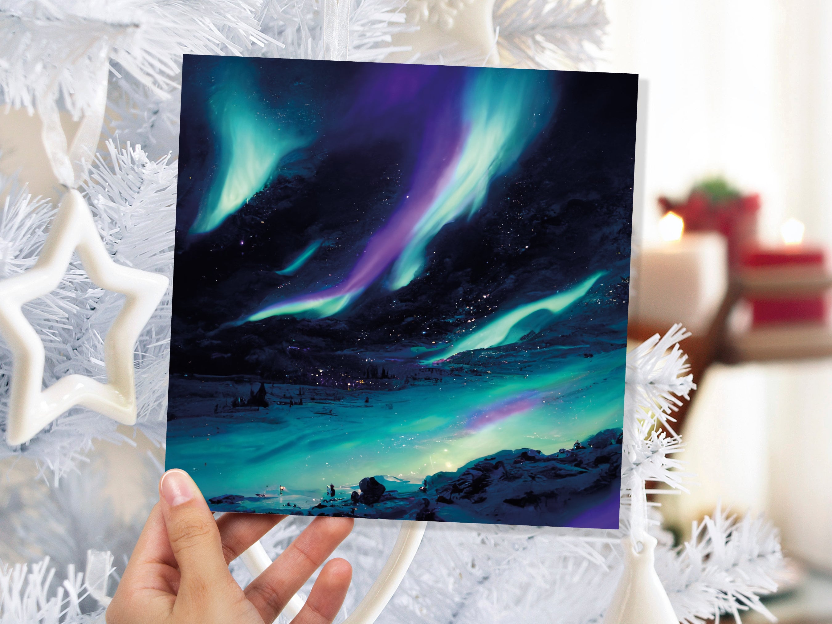 Polar Lights Card Aurora Borealis Glowing Ski Slopes Snowy Scenery Glittering Snow Northern Sky Cards For Family Friends Xmas 2025 Thank You - View 8