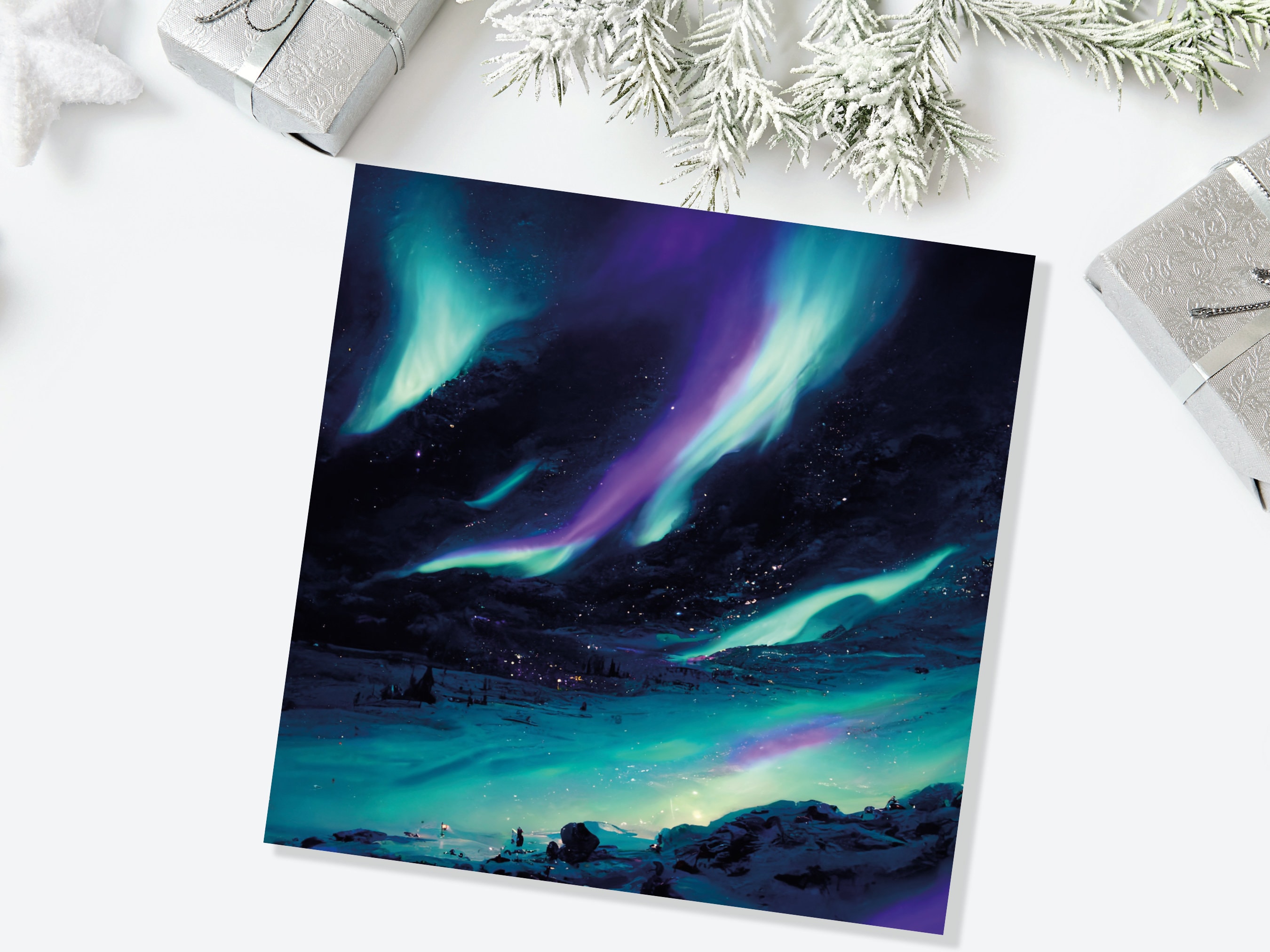 Polar Lights Card Aurora Borealis Glowing Ski Slopes Snowy Scenery Glittering Snow Northern Sky Cards For Family Friends Xmas 2025 Thank You - View 6