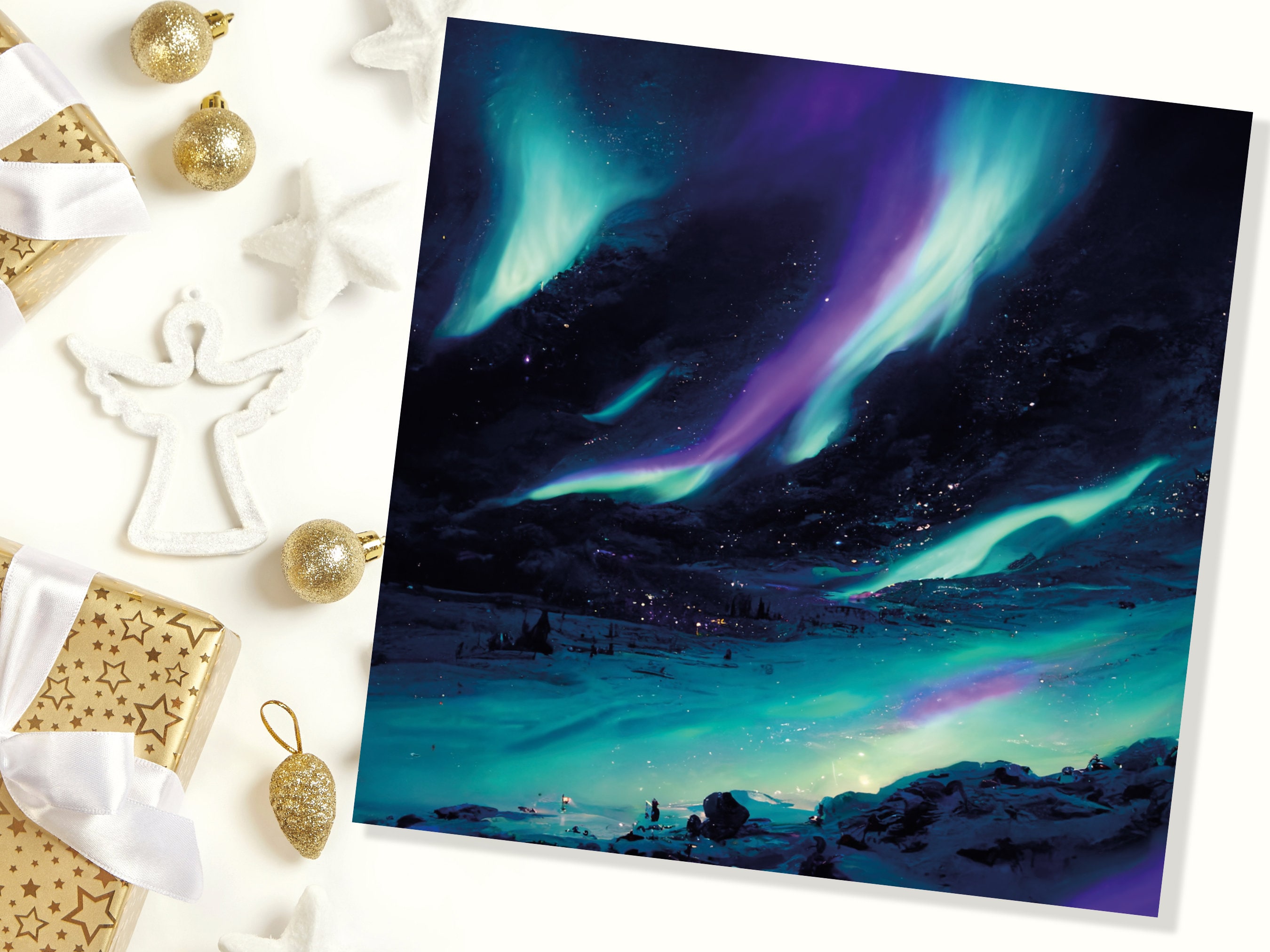 Polar Lights Card Aurora Borealis Glowing Ski Slopes Snowy Scenery Glittering Snow Northern Sky Cards For Family Friends Xmas 2025 Thank You - View 5