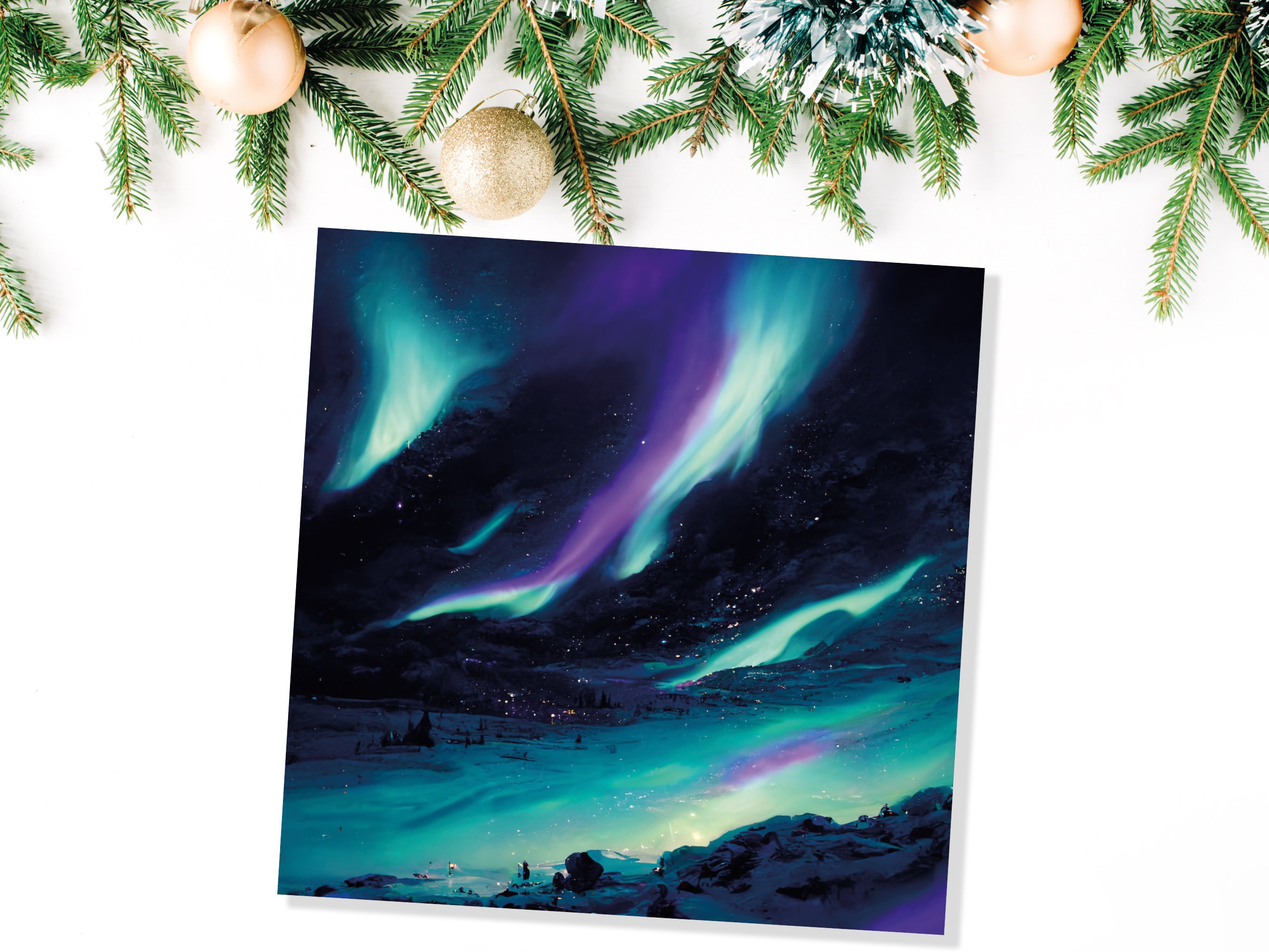 Polar Lights Card Aurora Borealis Glowing Ski Slopes Snowy Scenery Glittering Snow Northern Sky Cards For Family Friends Xmas 2025 Thank You - View 3