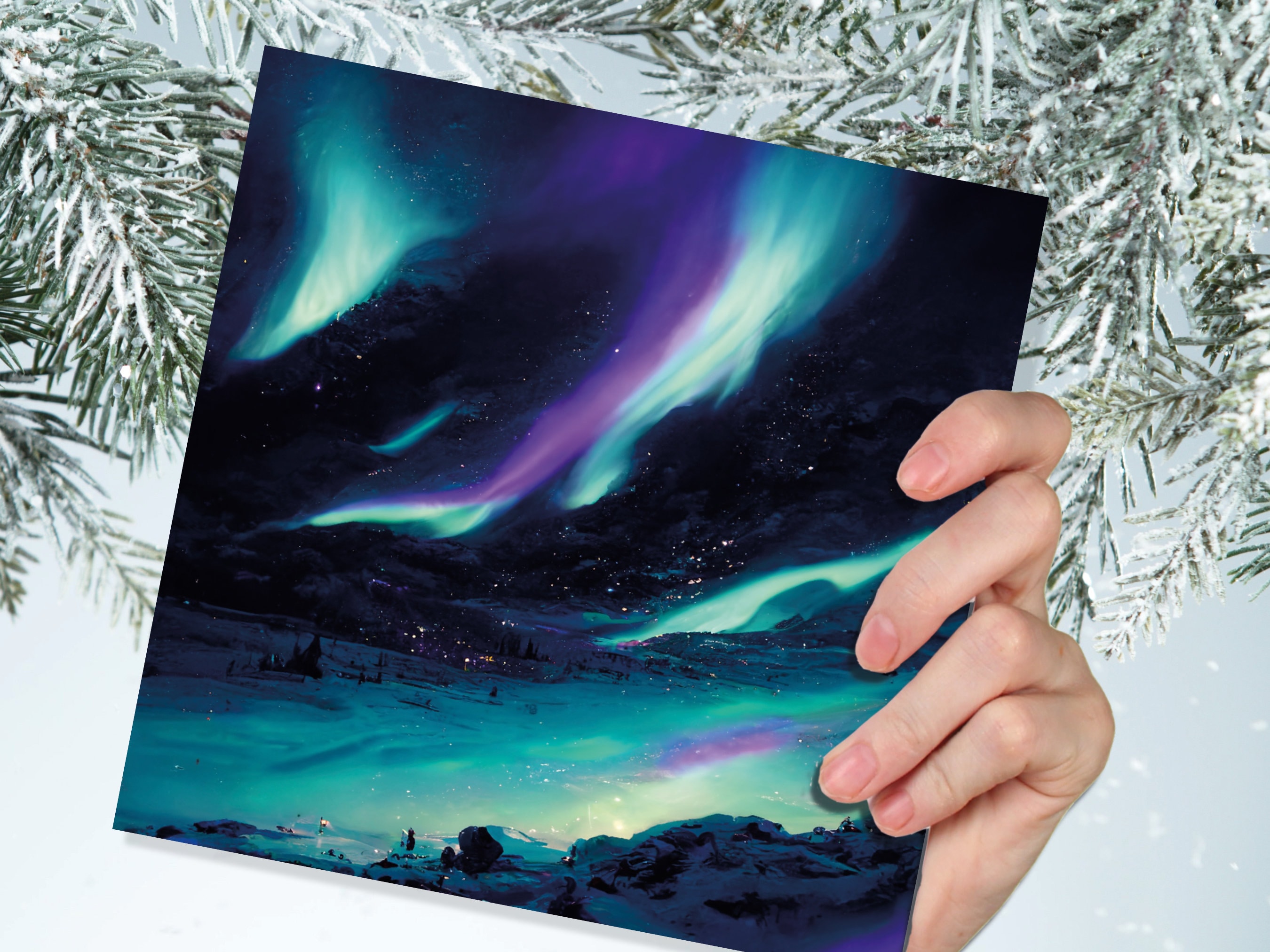 Polar Lights Card Aurora Borealis Glowing Ski Slopes Snowy Scenery Glittering Snow Northern Sky Cards For Family Friends Xmas 2025 Thank You - View 4