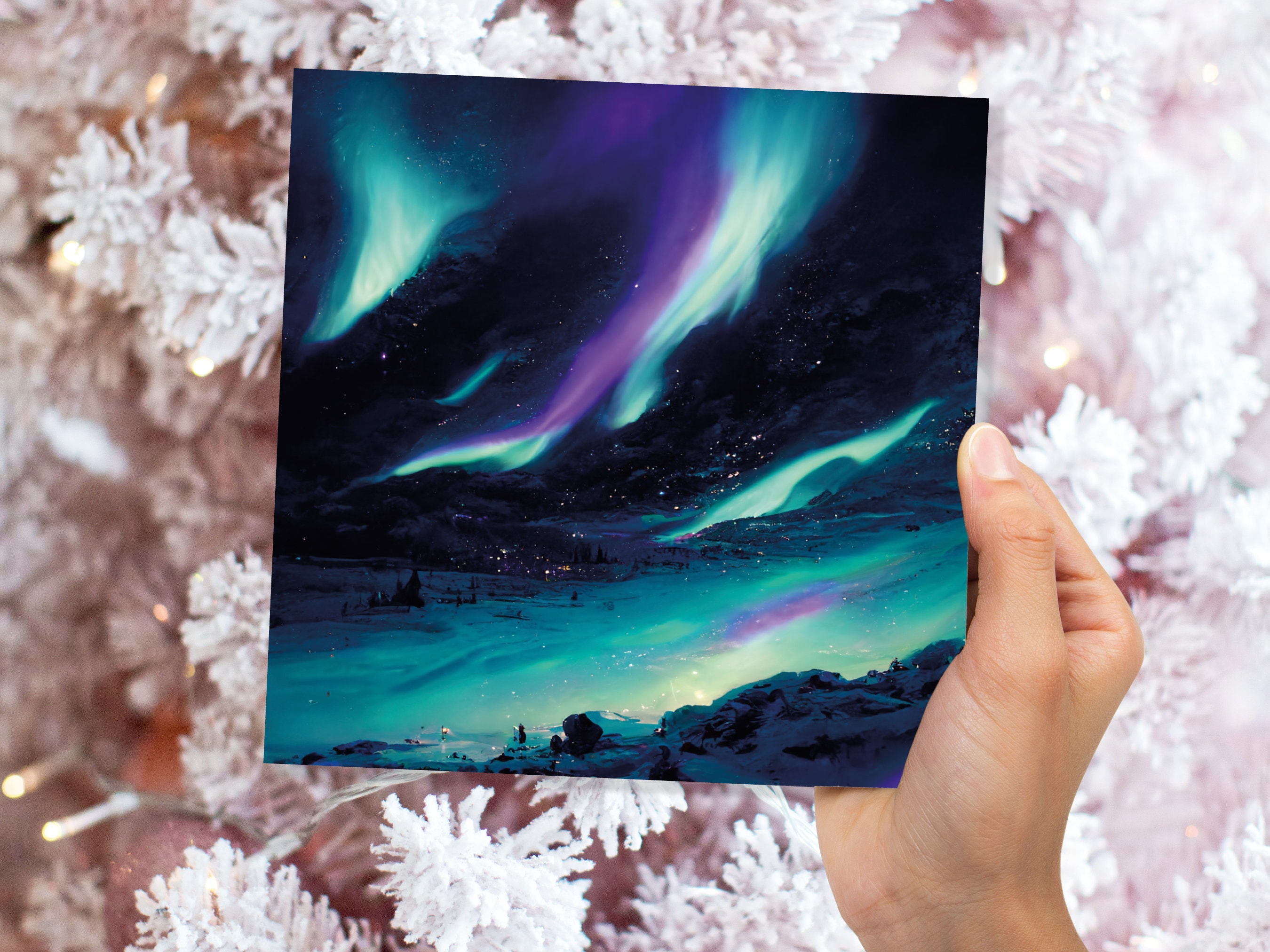 Polar Lights Card Aurora Borealis Glowing Ski Slopes Snowy Scenery Glittering Snow Northern Sky Cards For Family Friends Xmas 2025 Thank You - View 7