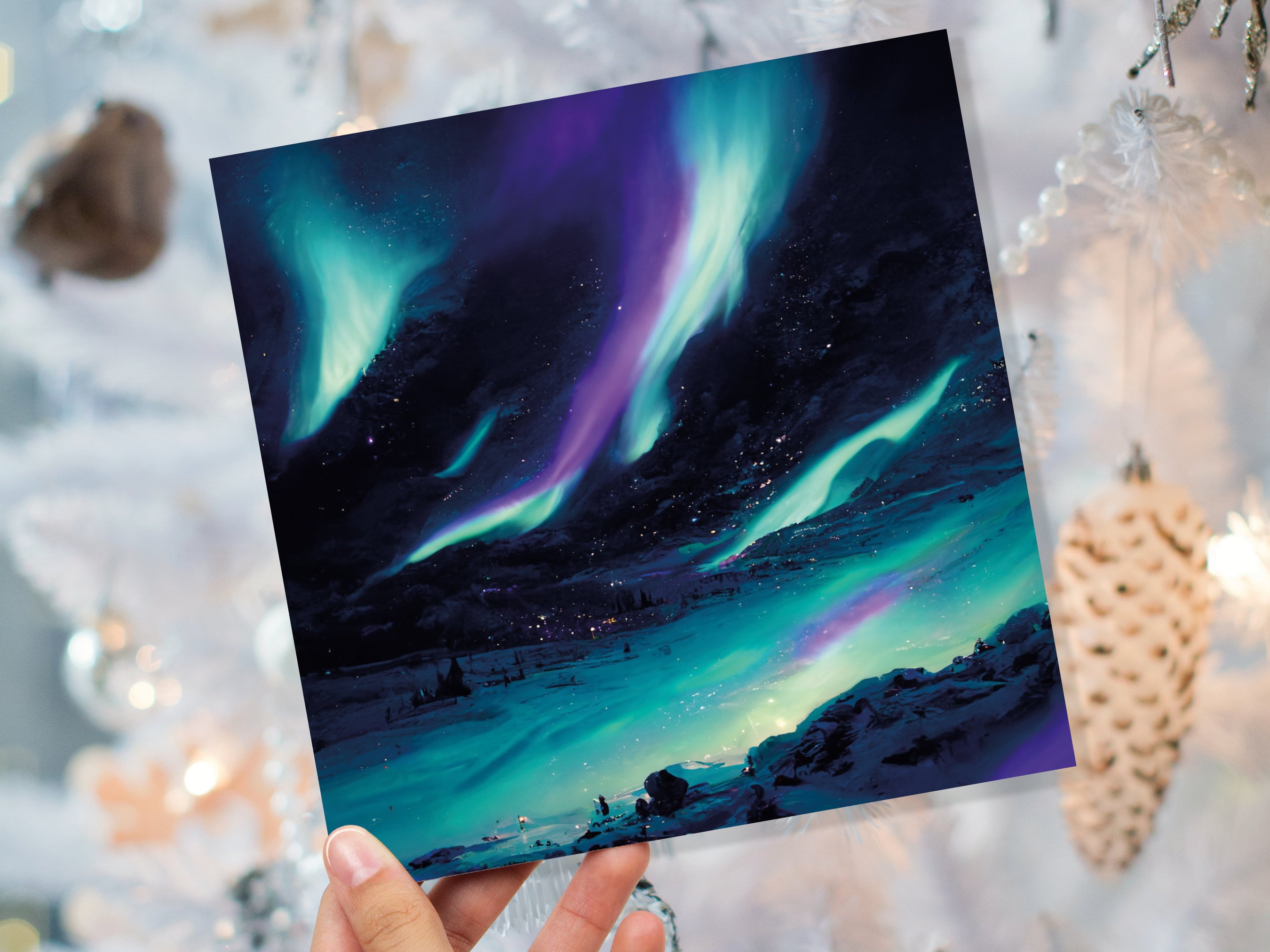 Polar Lights Card Aurora Borealis Glowing Ski Slopes Snowy Scenery Glittering Snow Northern Sky Cards For Family Friends Xmas 2025 Thank You - View 2