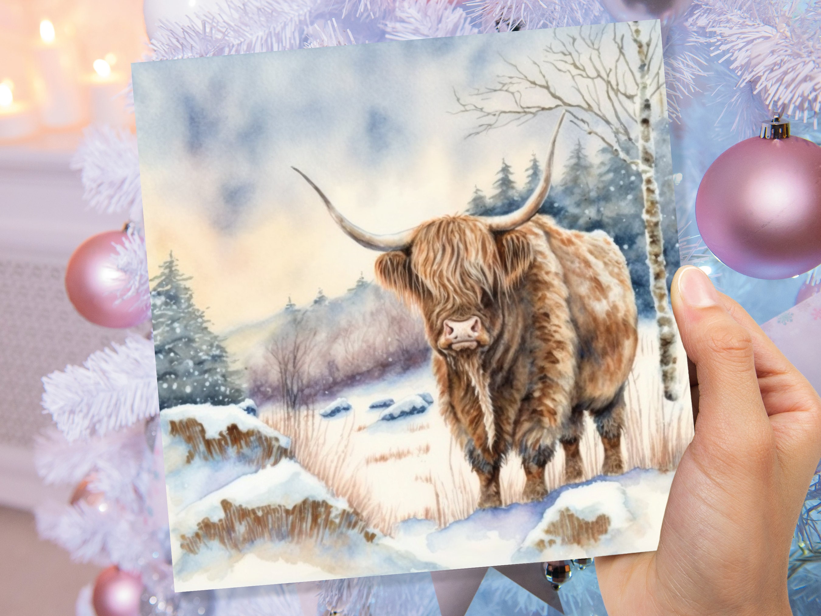 Highland Cow Cards Watercolour Winter Snow Scene Scottish Highlands Scenery Landscape Painting Cards Xmas 2025 Greetings Thank you Hairy Coo - View 7