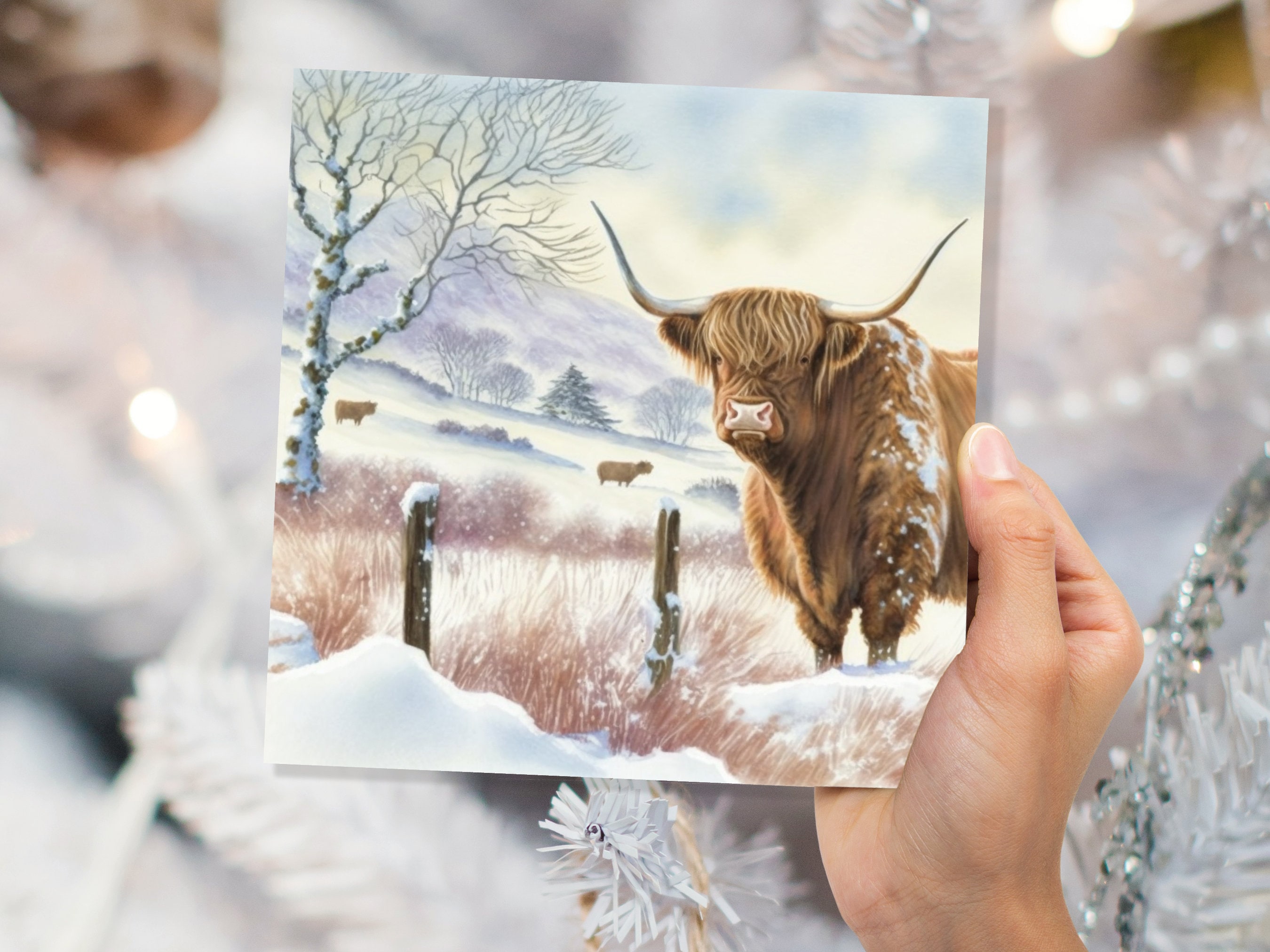 Watercolour Highland Cow Cards Scottish Highlands Winter Snow Scene Snowy Scenery Painting Farm Cards For Family Friends Xmas 2025 Thank You - View 5