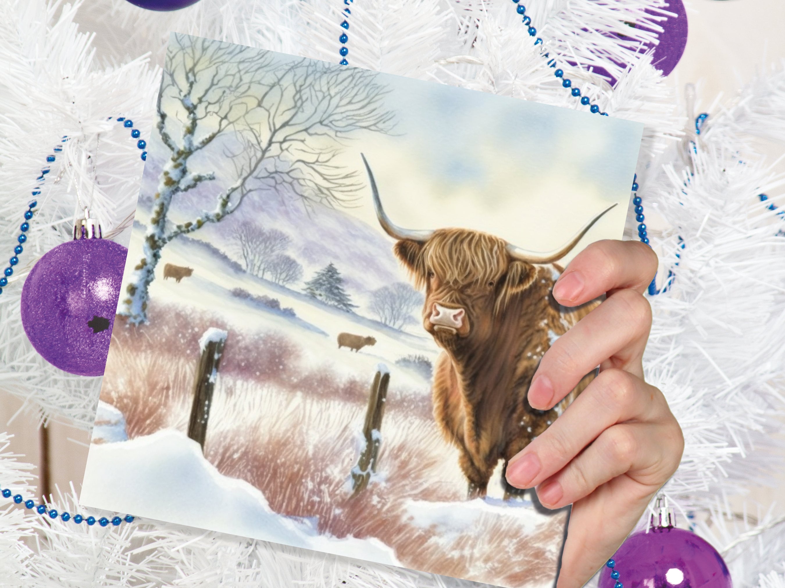 Watercolour Highland Cow Cards Scottish Highlands Winter Snow Scene Snowy Scenery Painting Farm Cards For Family Friends Xmas 2025 Thank You - View 6