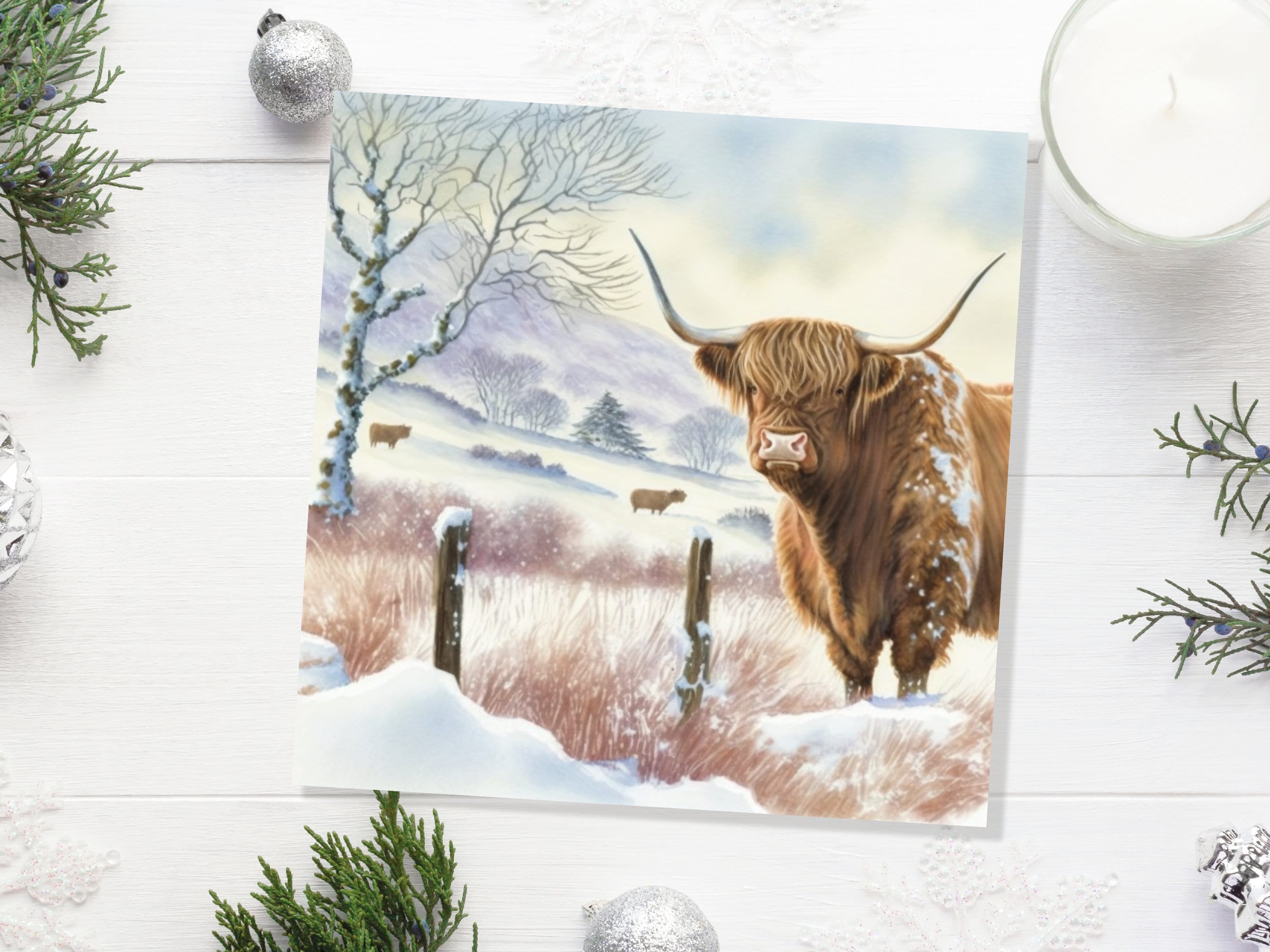 Watercolour Highland Cow Cards Scottish Highlands Winter Snow Scene Snowy Scenery Painting Farm Cards For Family Friends Xmas 2025 Thank You - View 2