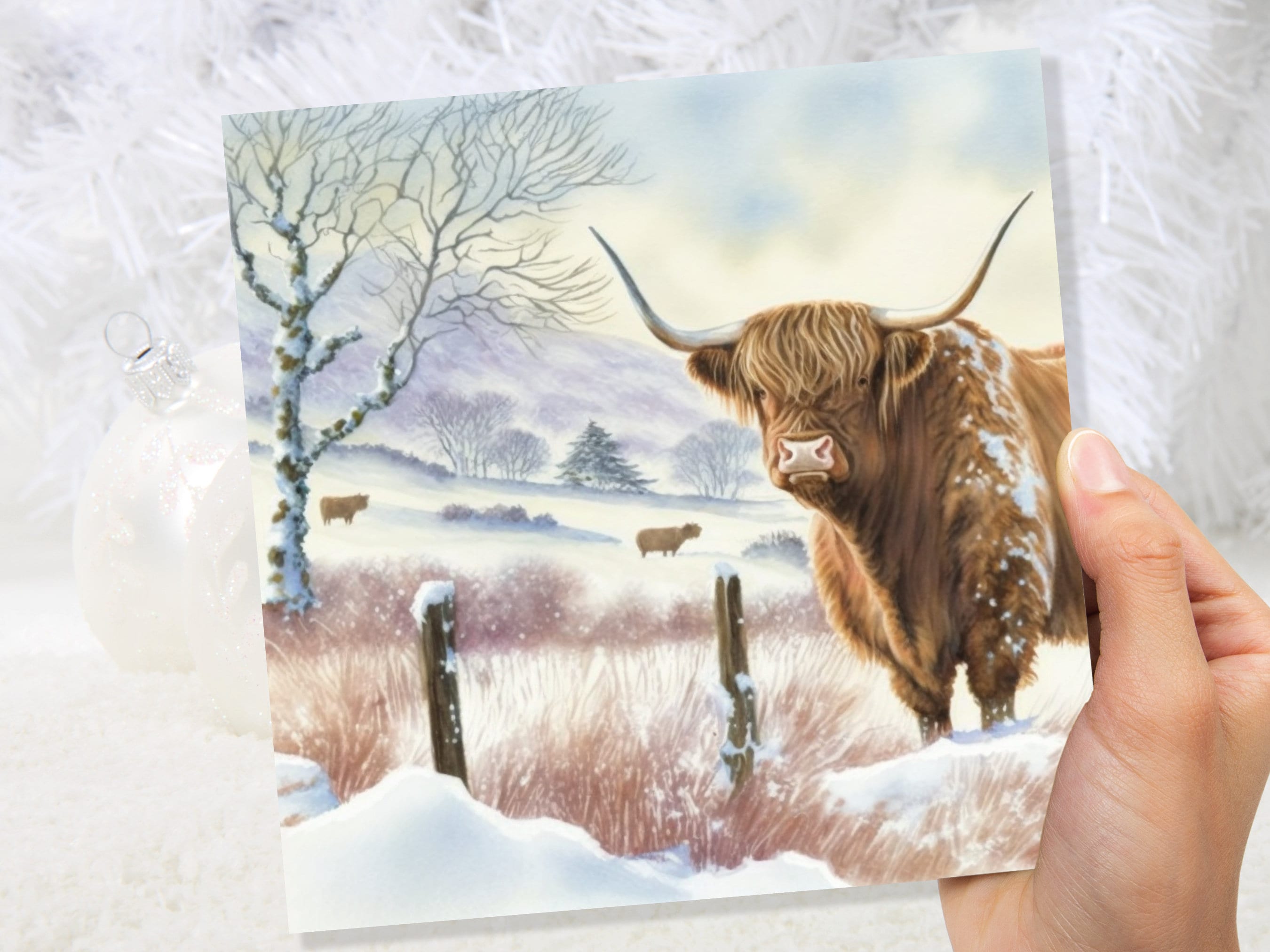 Watercolour Highland Cow Cards Scottish Highlands Winter Snow Scene Snowy Scenery Painting Farm Cards For Family Friends Xmas 2025 Thank You - View 8