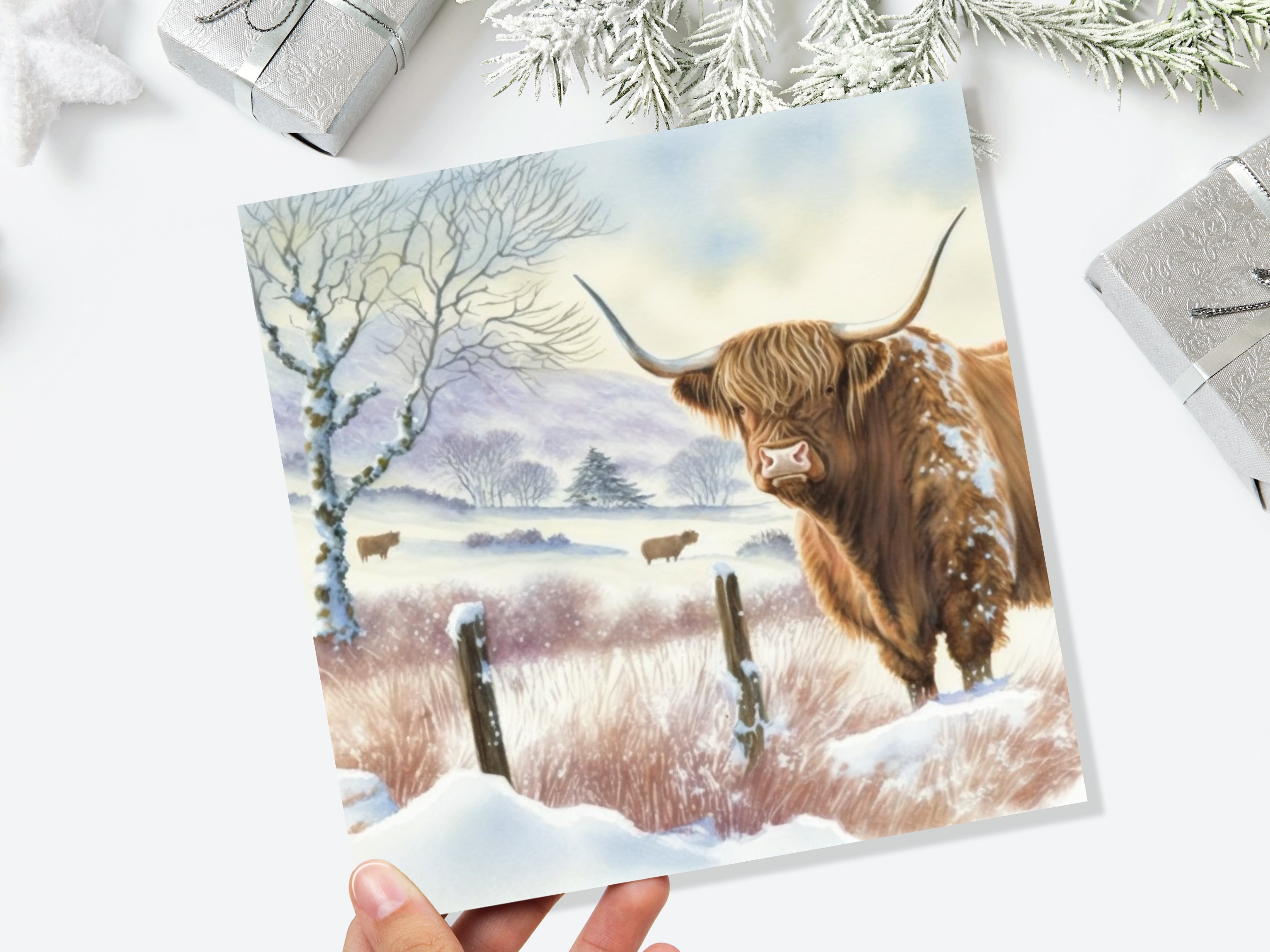 Watercolour Highland Cow Cards Scottish Highlands Winter Snow Scene Snowy Scenery Painting Farm Cards For Family Friends Xmas 2025 Thank You - View 9