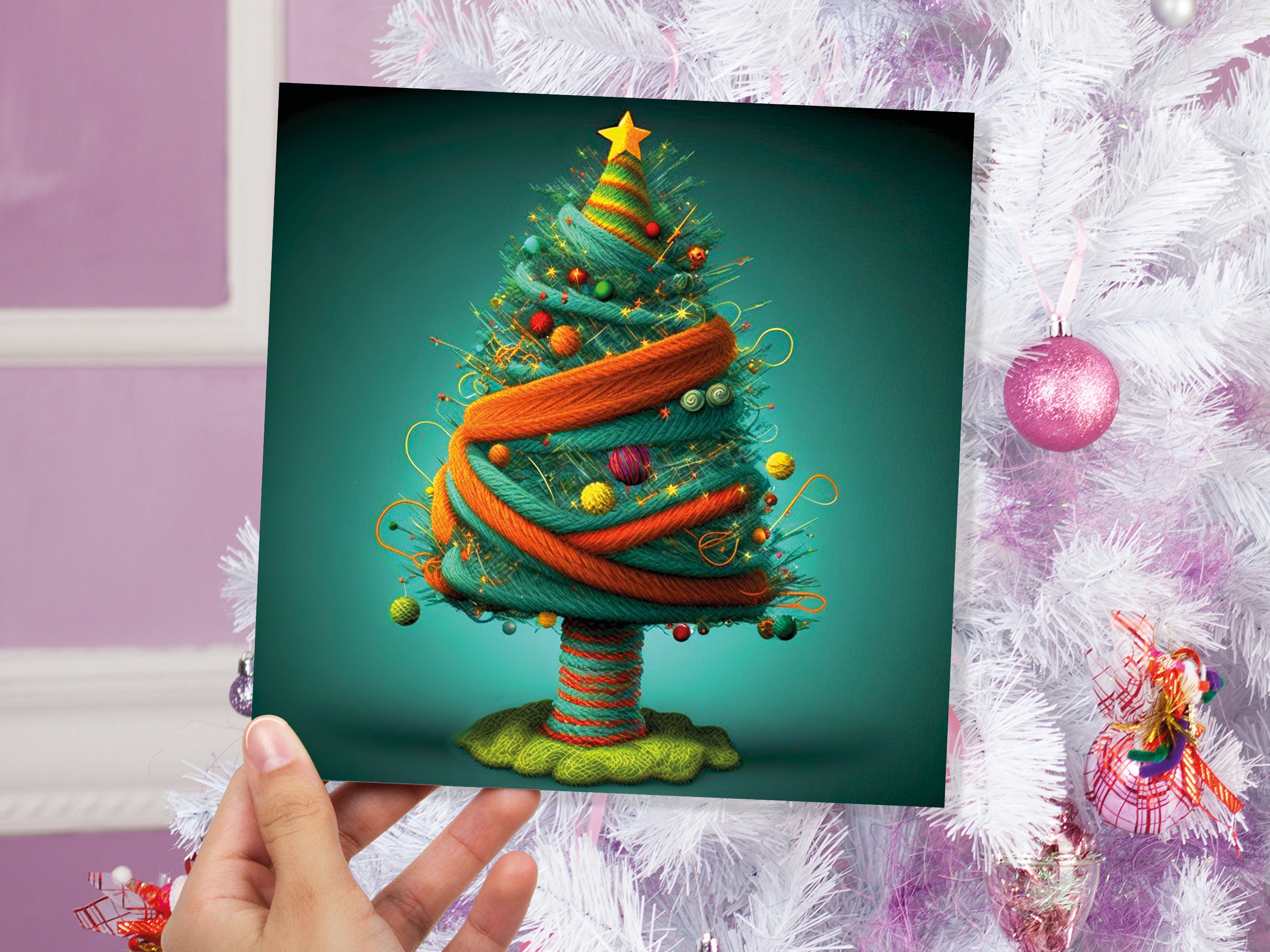 Knitters Christmas Tree Card Knitted Knitting Crochet Yarn Wool Crafters Crafting Woollen Bobbles Felt Xmas Cards For Family Friends 2025 - View 2