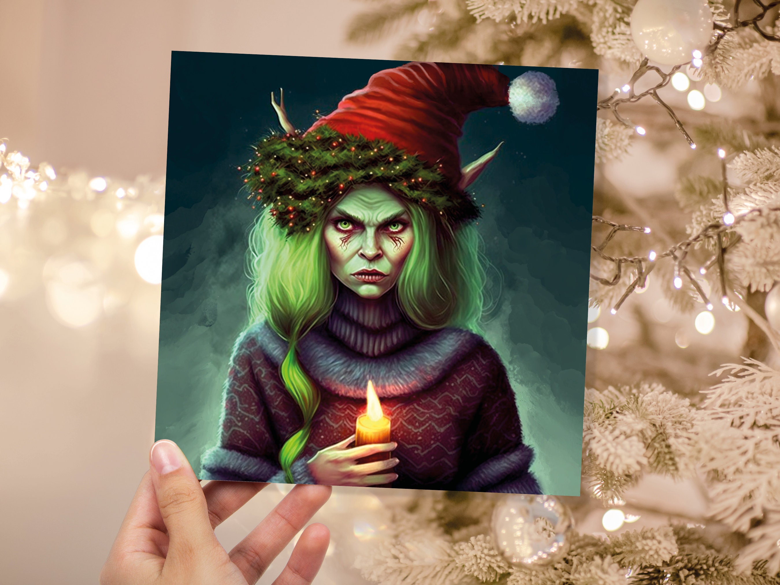 Female Krampus Christmas Card Resting Witch Face Witchy Horror Gothic Goth Pagan Santa Hat Dark Fantasy Greetings Family Friends Xmas 2025 - View 8