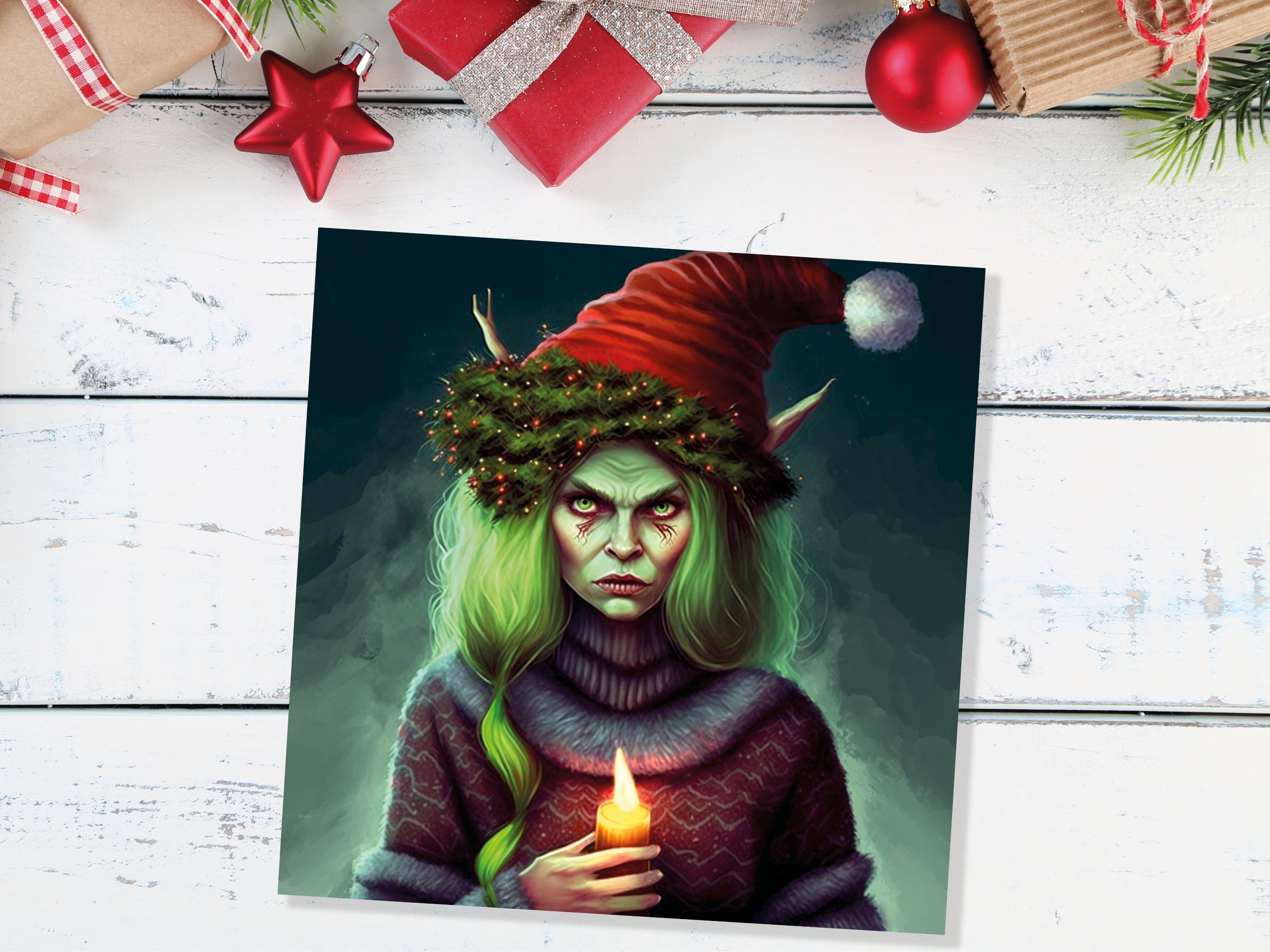 Female Krampus Christmas Card Resting Witch Face Witchy Horror Gothic Goth Pagan Santa Hat Dark Fantasy Greetings Family Friends Xmas 2025 - View 3