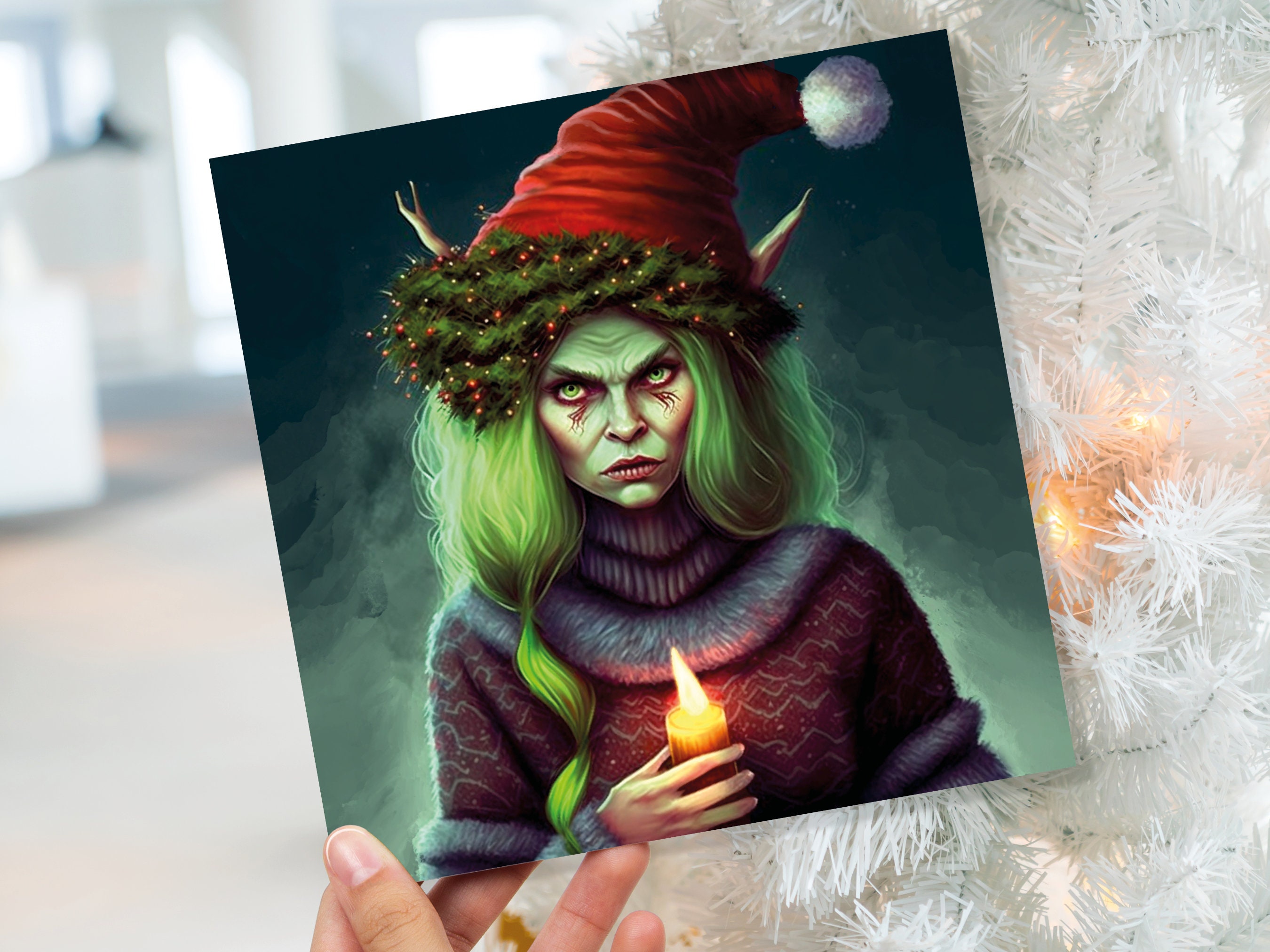 Female Krampus Christmas Card Resting Witch Face Witchy Horror Gothic Goth Pagan Santa Hat Dark Fantasy Greetings Family Friends Xmas 2025 - View 2