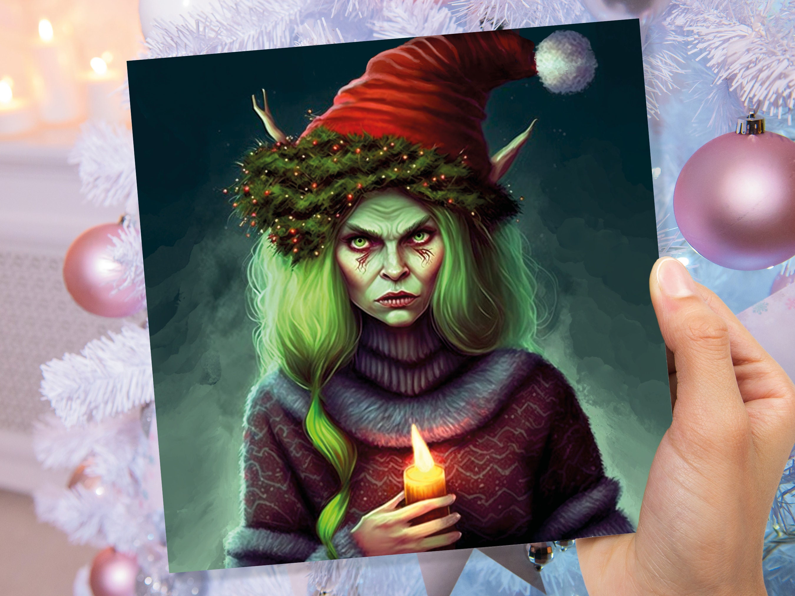 Female Krampus Christmas Card Resting Witch Face Witchy Horror Gothic Goth Pagan Santa Hat Dark Fantasy Greetings Family Friends Xmas 2025 - View 4