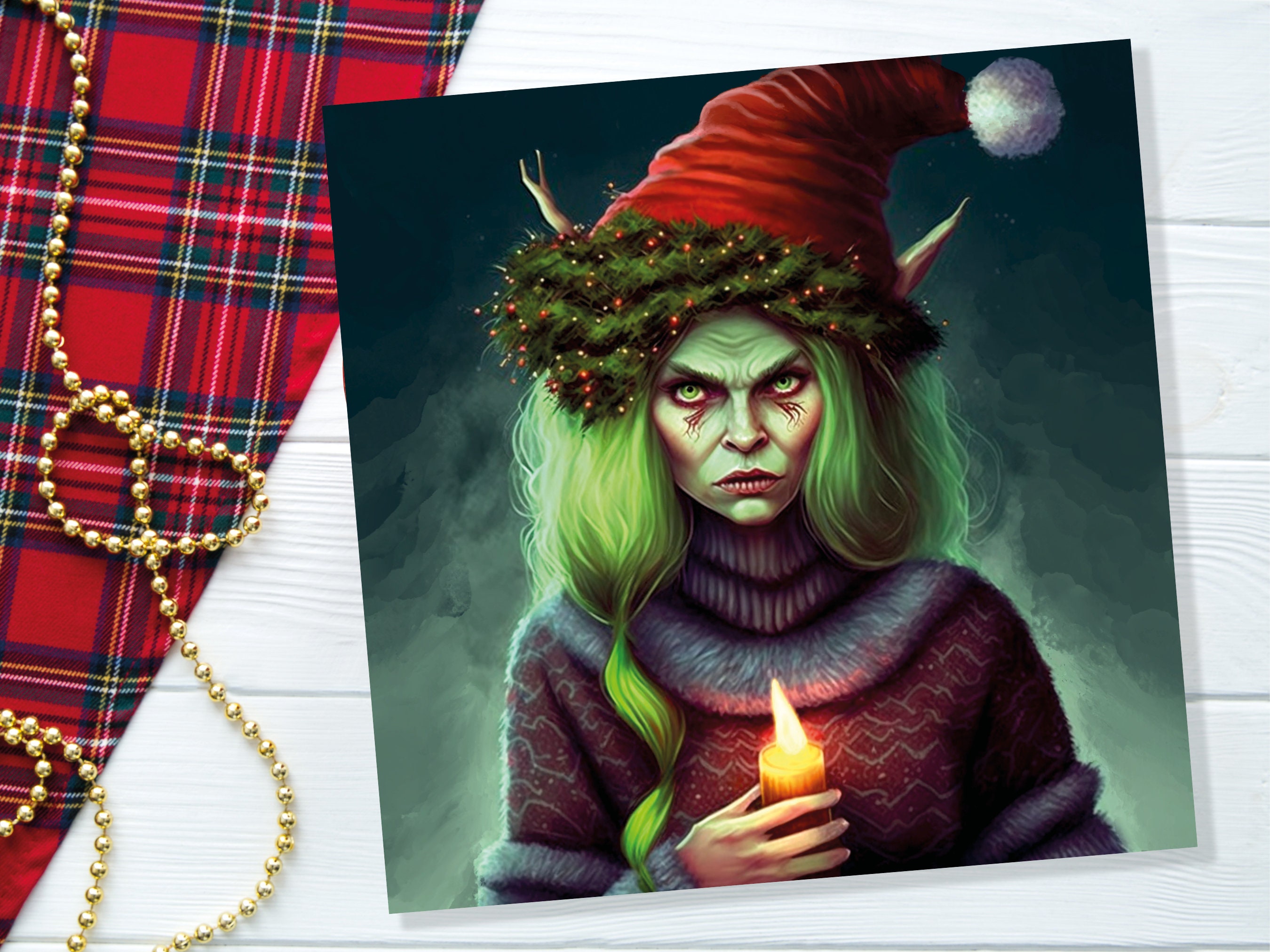 Female Krampus Christmas Card Resting Witch Face Witchy Horror Gothic Goth Pagan Santa Hat Dark Fantasy Greetings Family Friends Xmas 2025 - View 5
