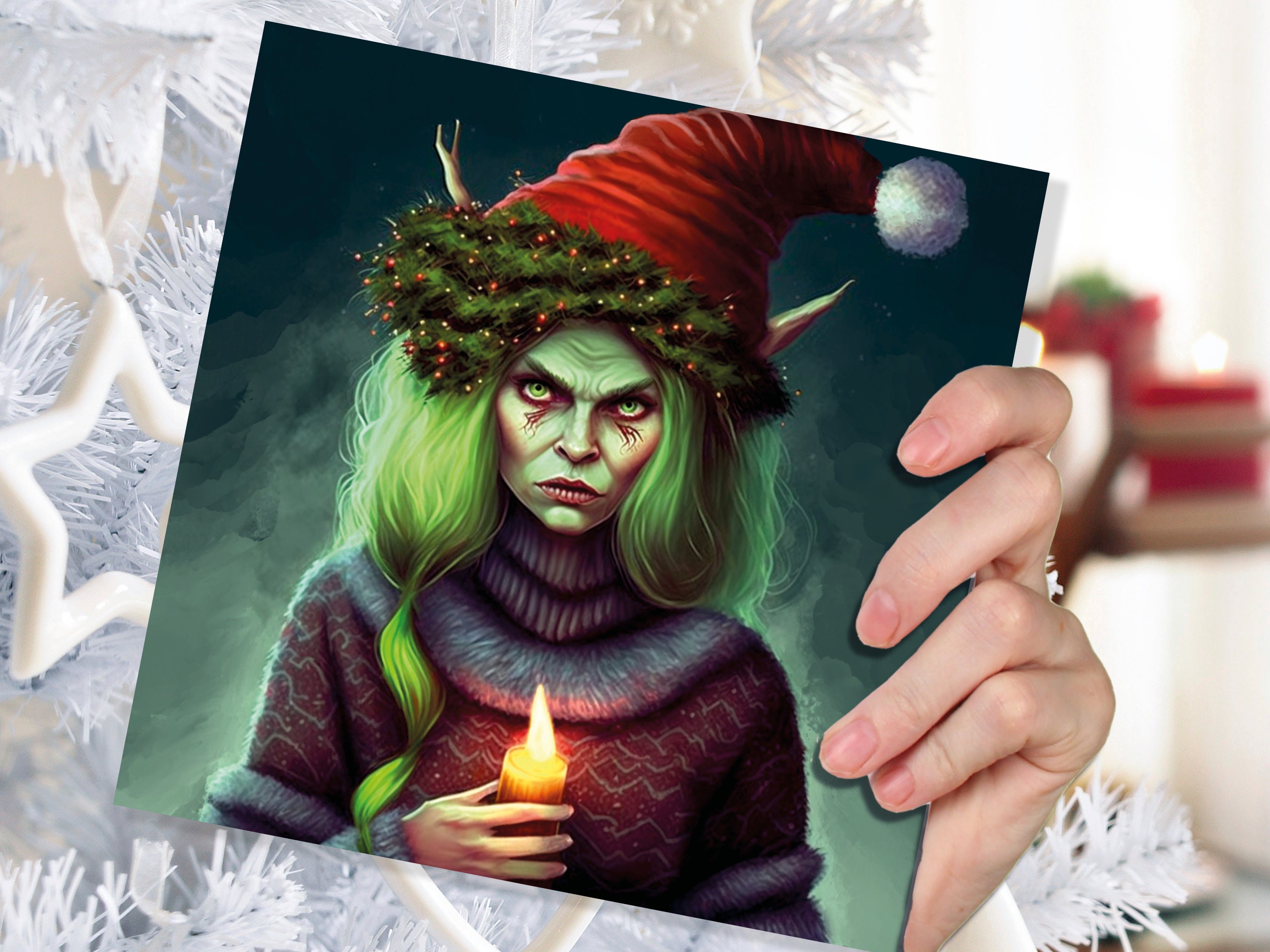 Female Krampus Christmas Card Resting Witch Face Witchy Horror Gothic Goth Pagan Santa Hat Dark Fantasy Greetings Family Friends Xmas 2025