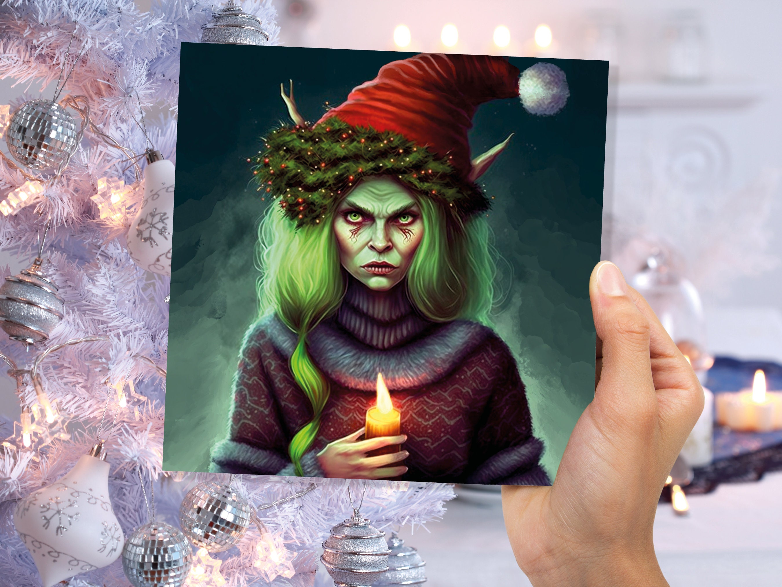 Female Krampus Christmas Card Resting Witch Face Witchy Horror Gothic Goth Pagan Santa Hat Dark Fantasy Greetings Family Friends Xmas 2025 - View 7