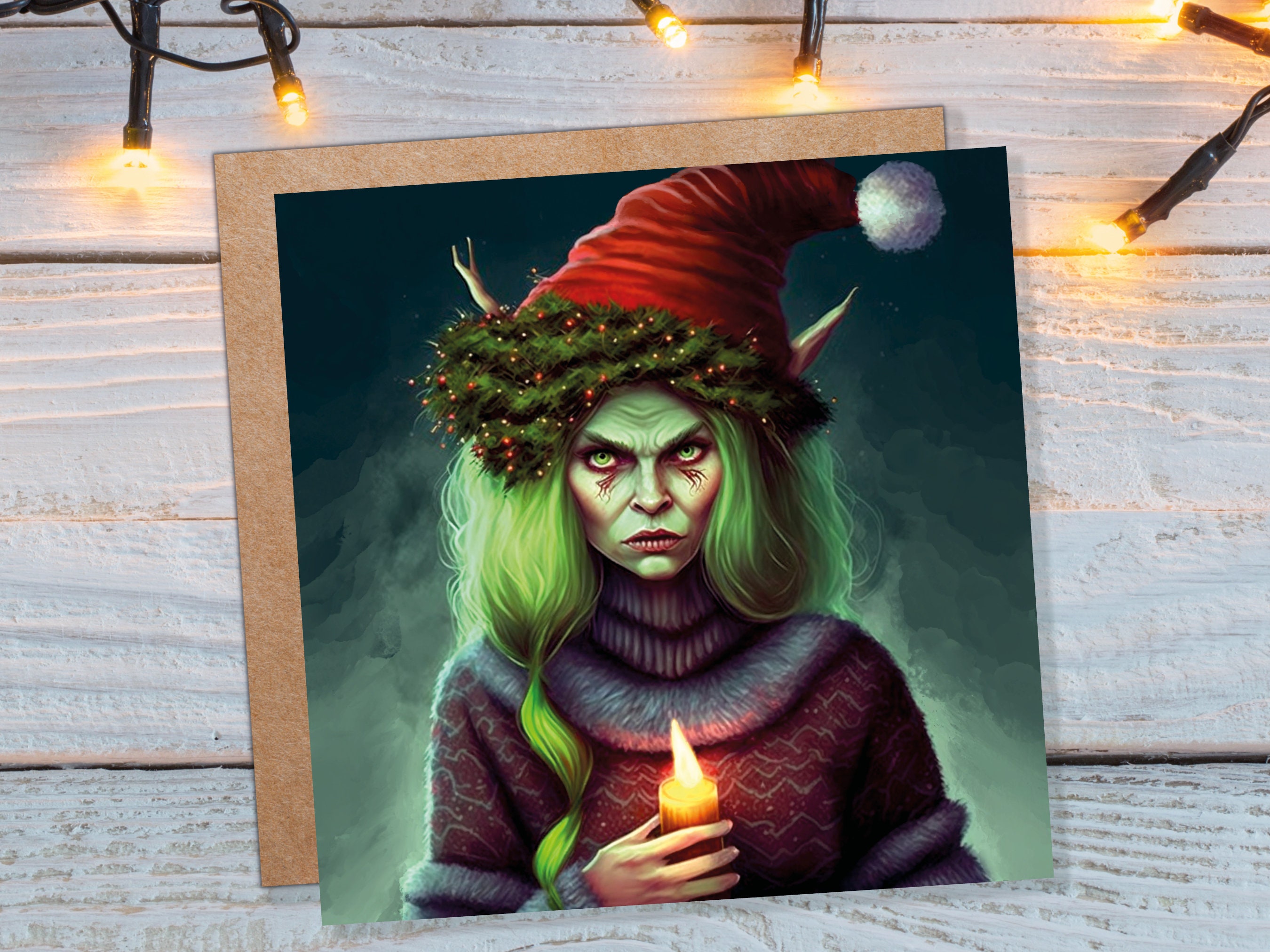 Female Krampus Christmas Card Resting Witch Face Witchy Horror Gothic Goth Pagan Santa Hat Dark Fantasy Greetings Family Friends Xmas 2025 - View 9