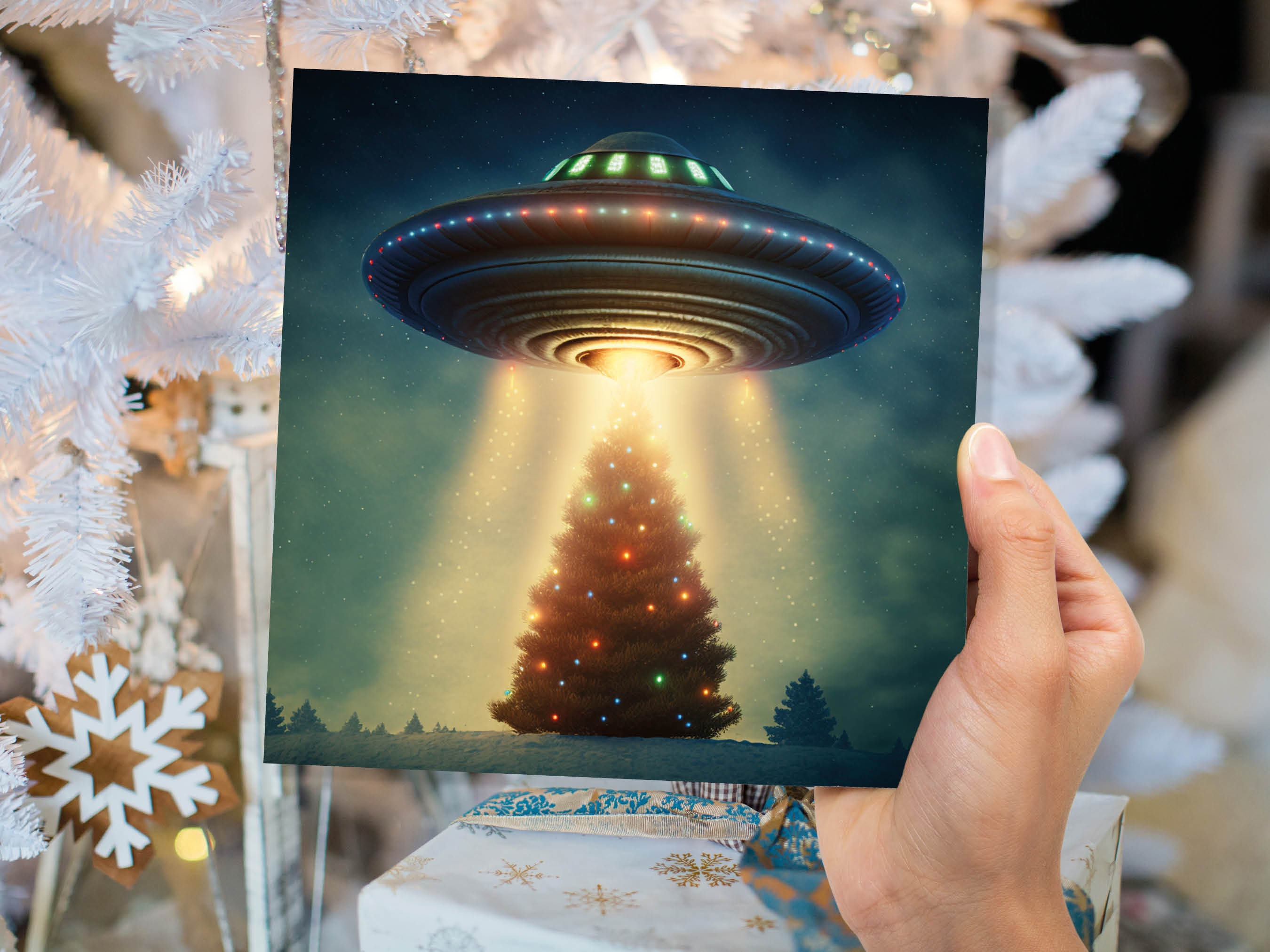 Alien Christmas Card Funny UFO Spaceman Spaceship Christmas Tree Abduction Beam Me Up Ironic Fun Xmas Greetings Card For Family Friends 2025 - View 4