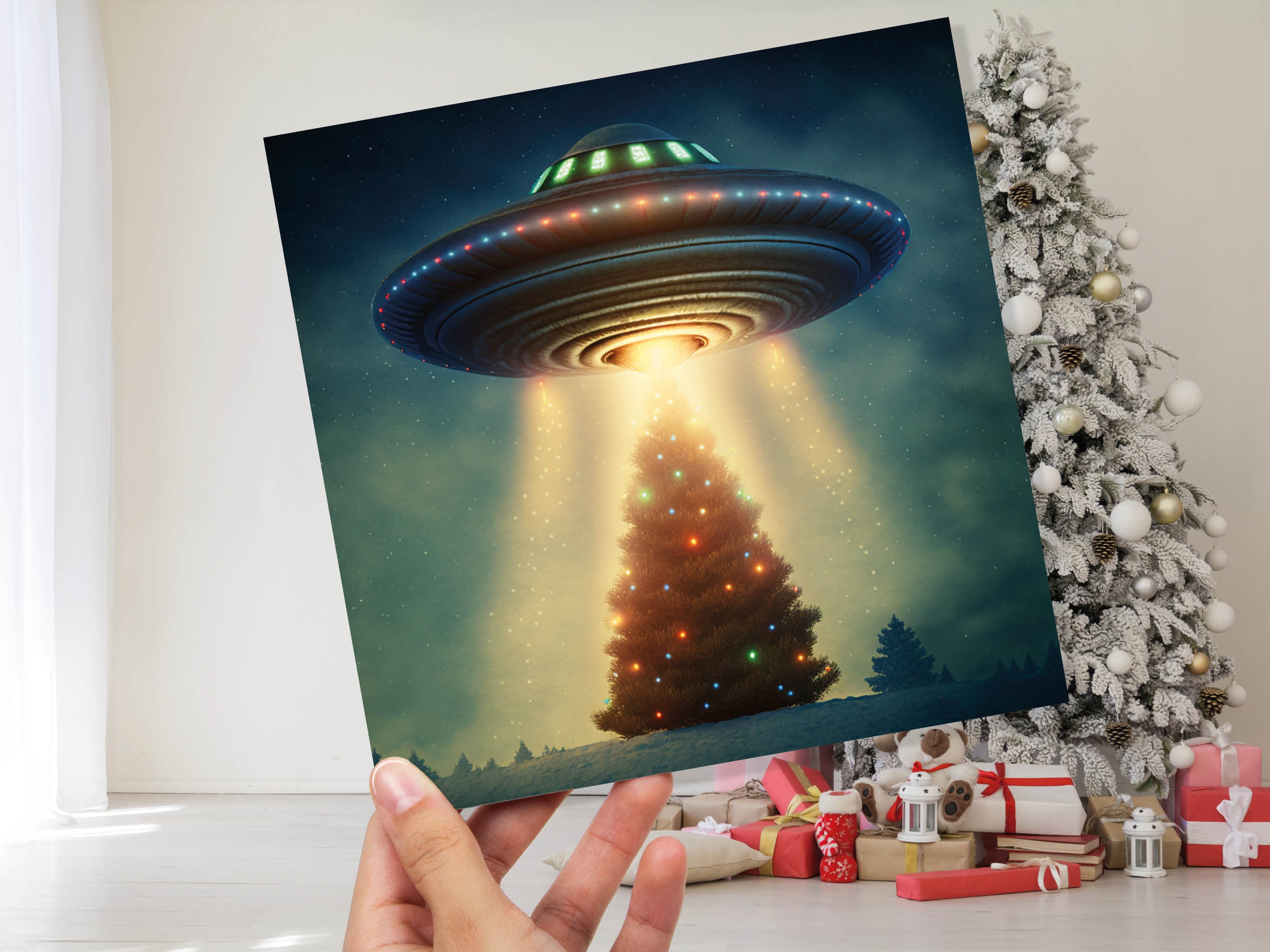 Alien Christmas Card Funny UFO Spaceman Spaceship Christmas Tree Abduction Beam Me Up Ironic Fun Xmas Greetings Card For Family Friends 2025 - View 9