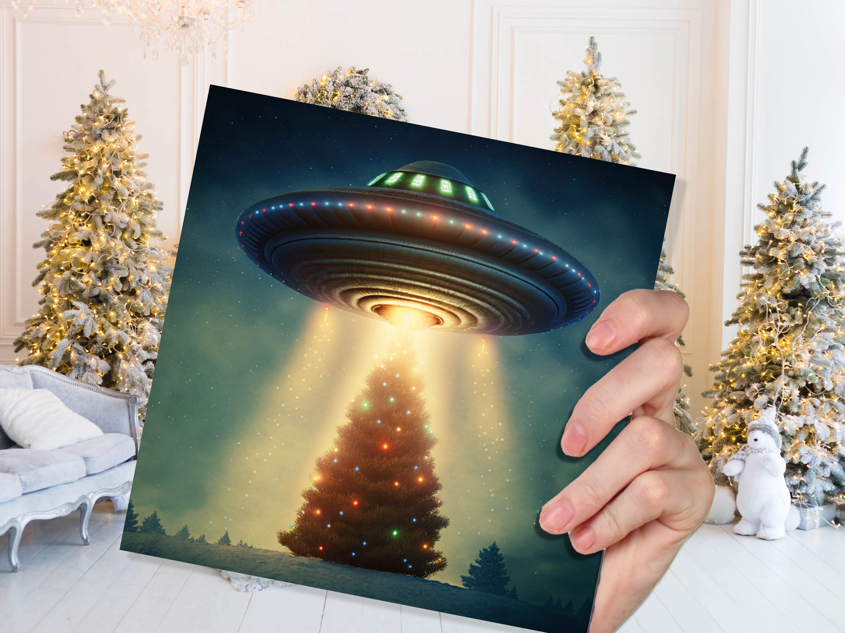 Alien Christmas Card Funny UFO Spaceman Spaceship Christmas Tree Abduction Beam Me Up Ironic Fun Xmas Greetings Card For Family Friends 2025 - View 5